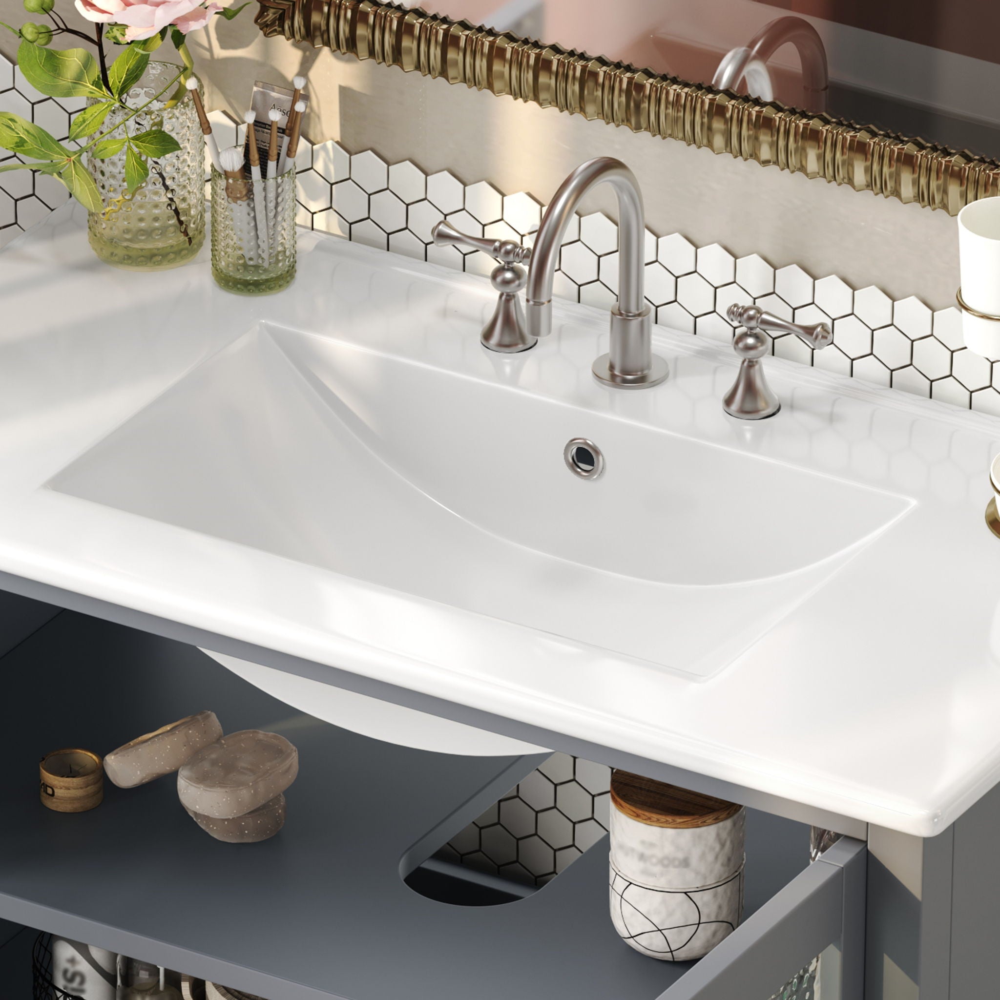 Bathroom Vanity With Ceramic Sink, Adjustable & Open Shelf