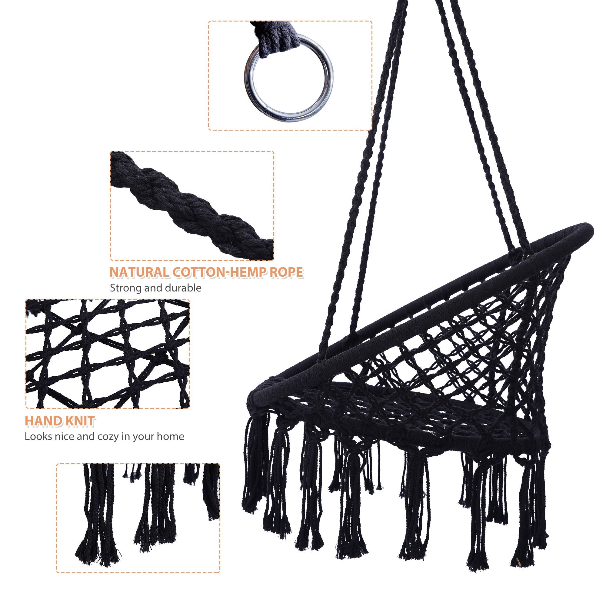 Macrame Hanging Hammock Chair, Cotton Rope Swing For Indoor And Outdoor Use