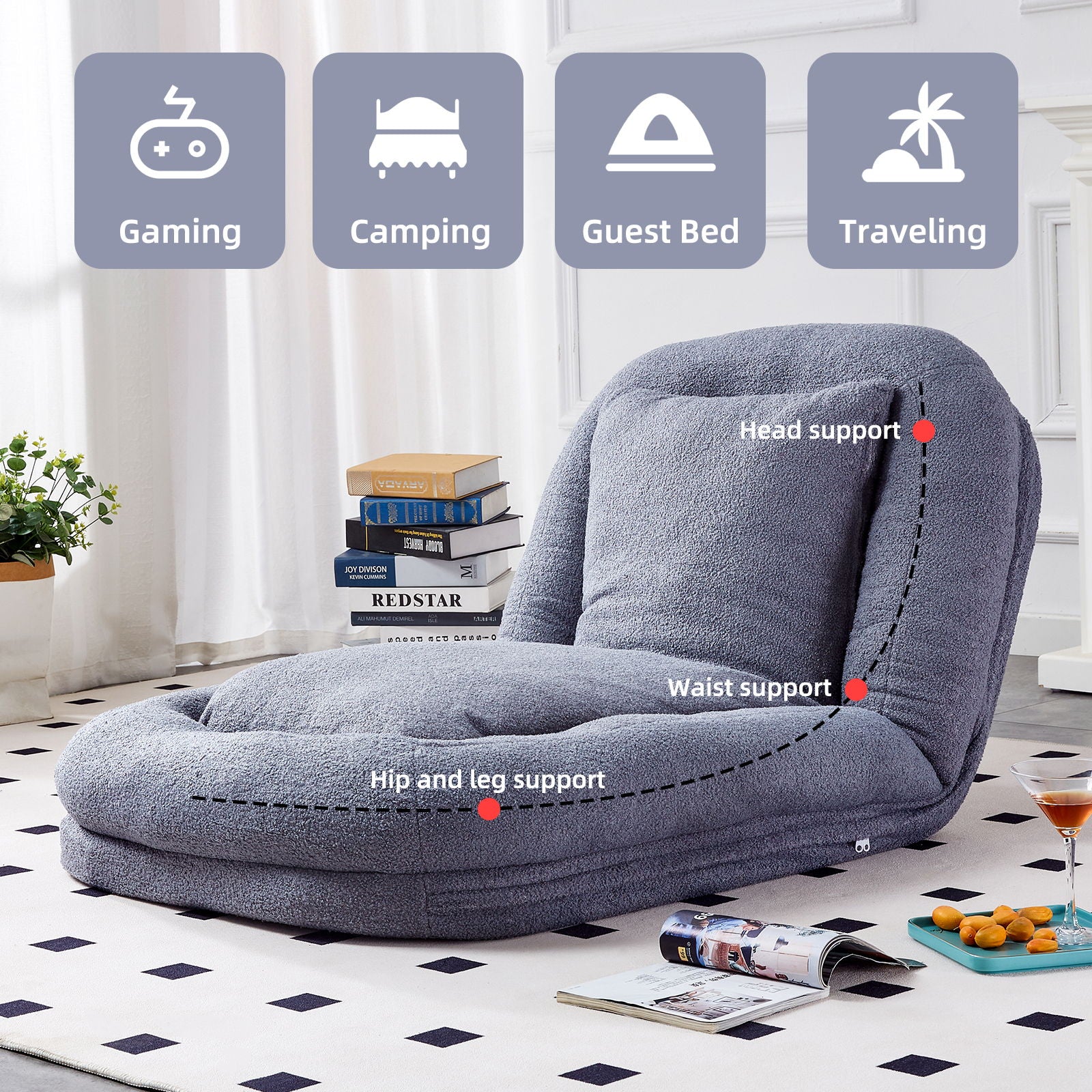 Contemporary Folding Sofa Chair With 5 Adjustable Positions For Gaming, Meditation, And Relaxation