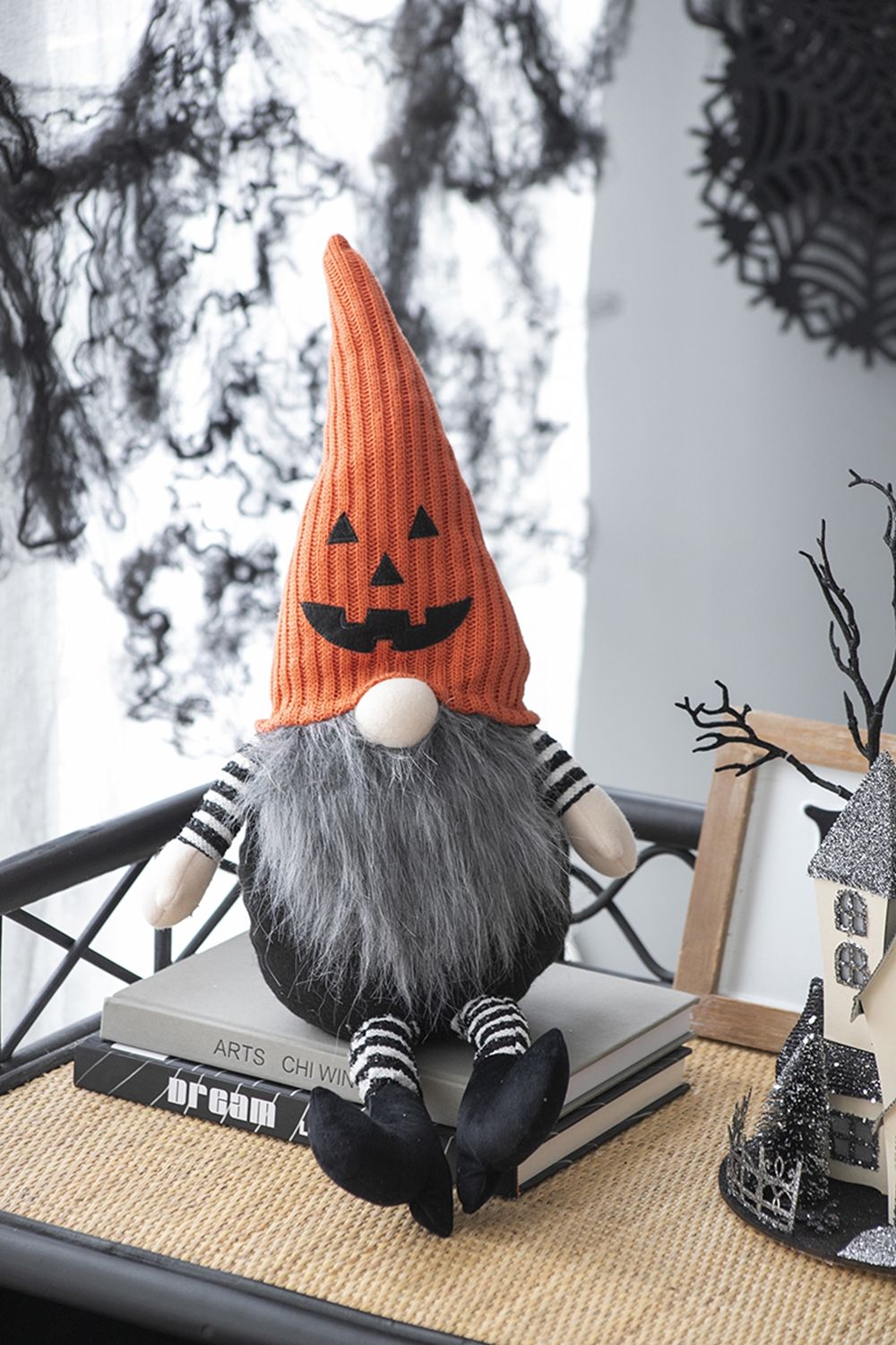 Sitting Gnome With Knit Hat, For Halloween Decor - Black / Orange / White