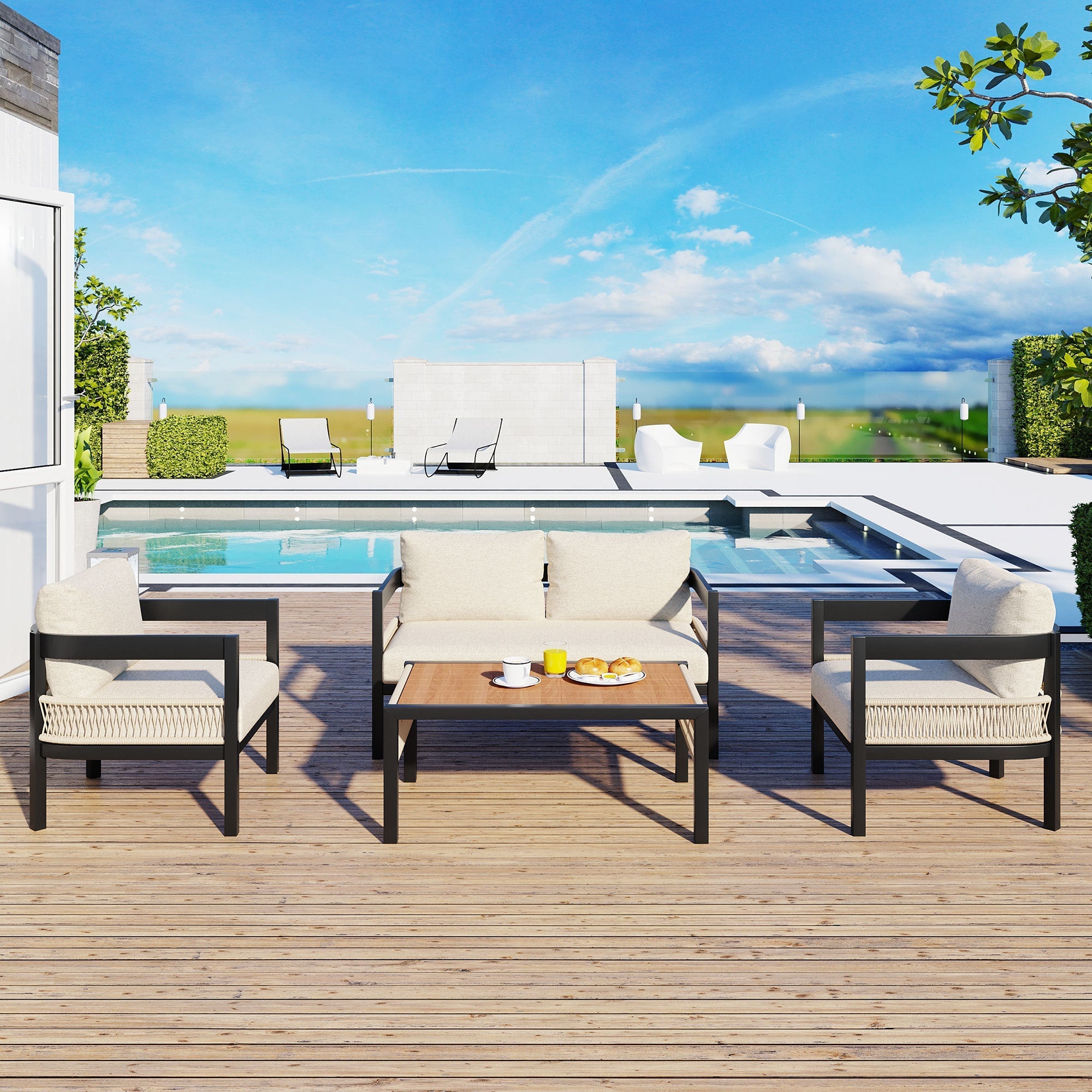 U_Style Multi-Person Outdoor Iron Sofa Set with Rattan Decoration