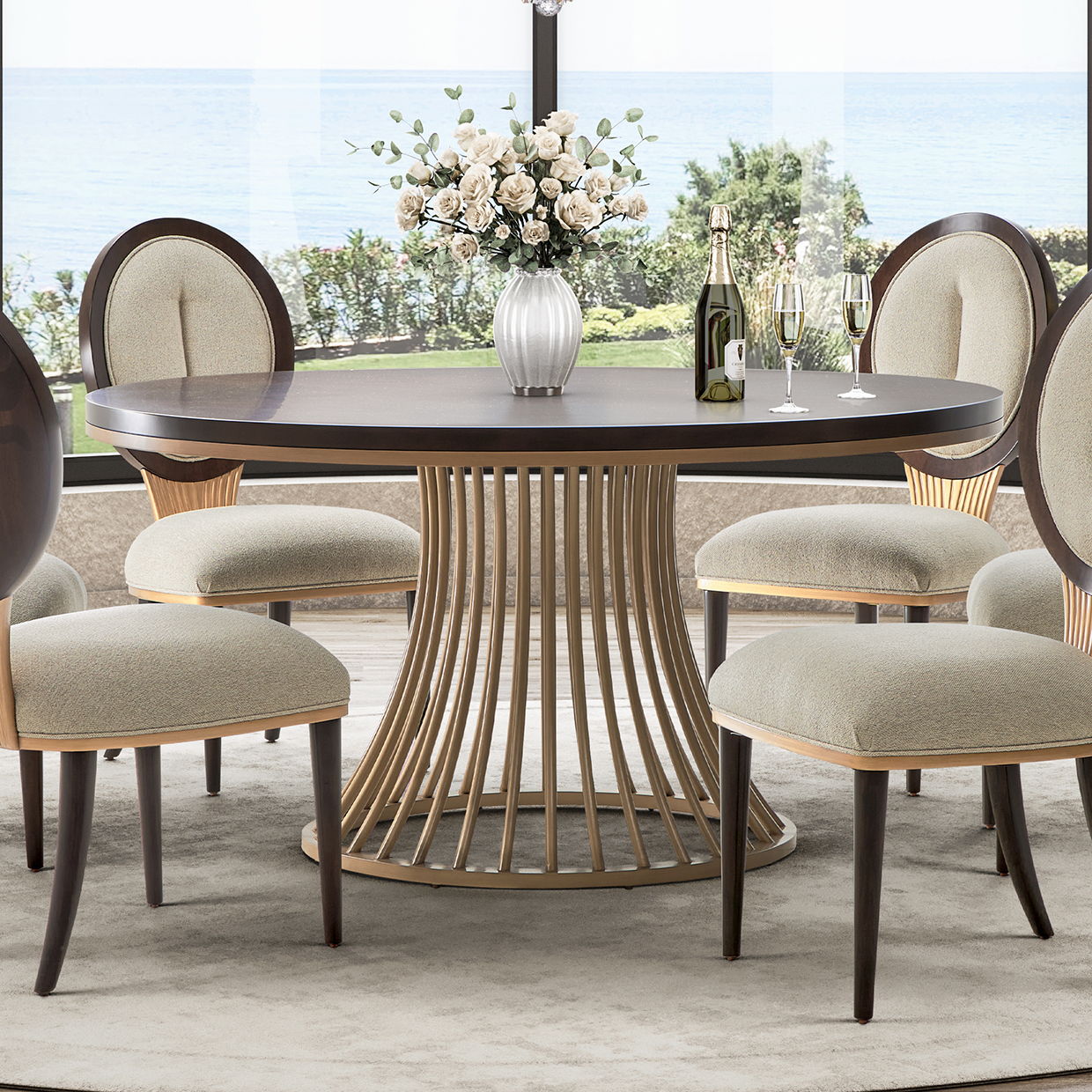 Camellia Field - Round Dining Table - Dark Brown / Gold