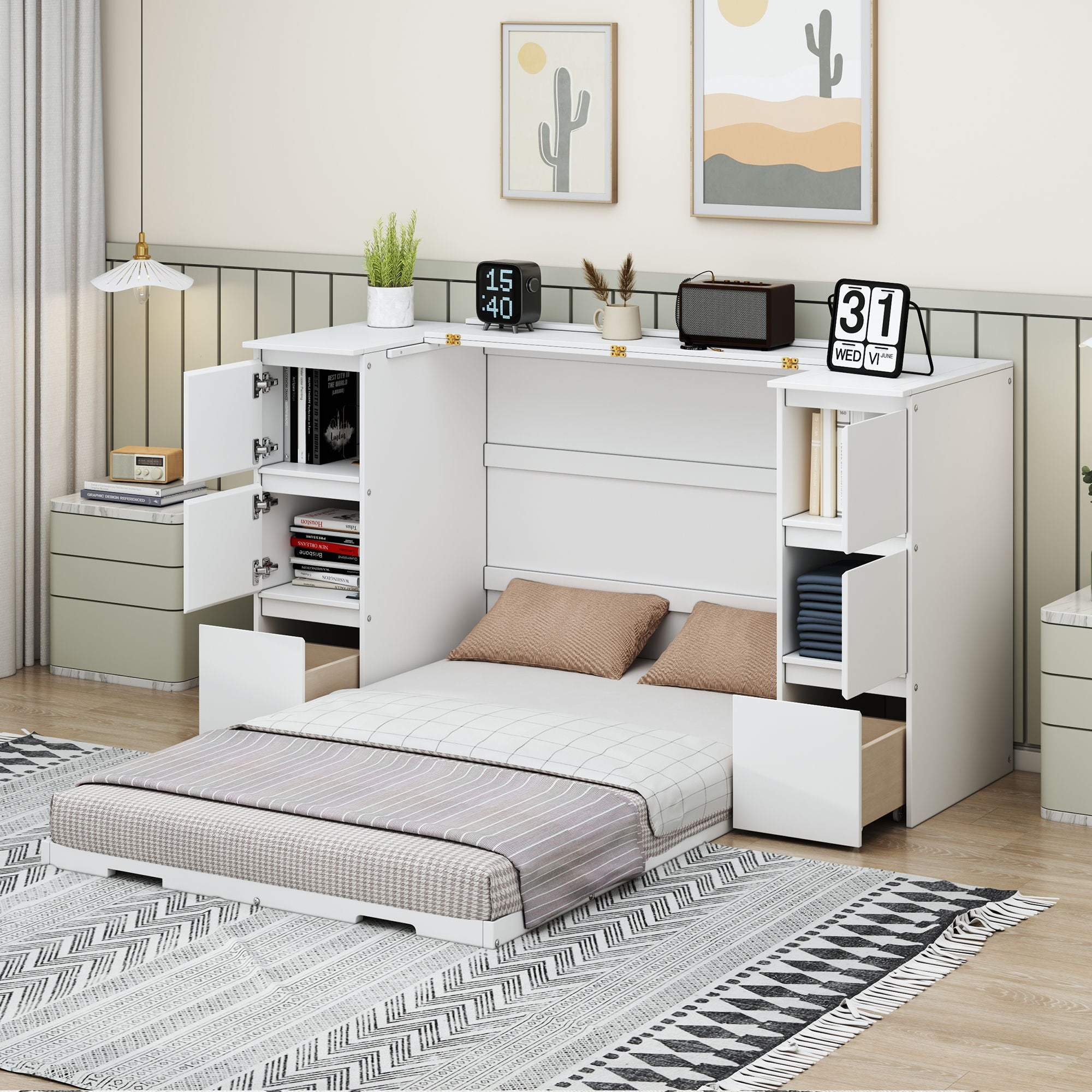 Murphy Bed With Drawers, Cabinets, And USB Ports