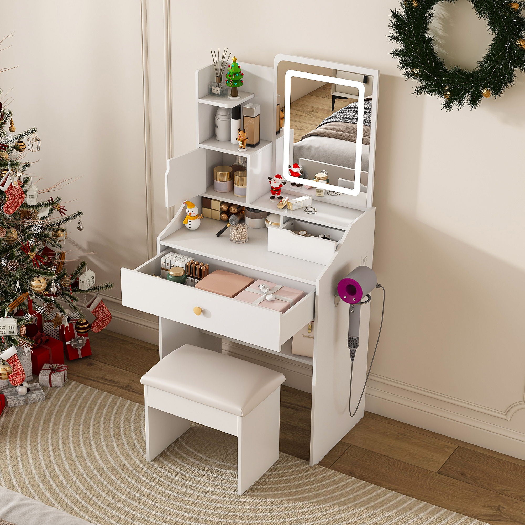 3 Color LED Vanity Mirror With Stool, 2 Drawers & 5 Storage Cabinets, Adjustable Lighting - White