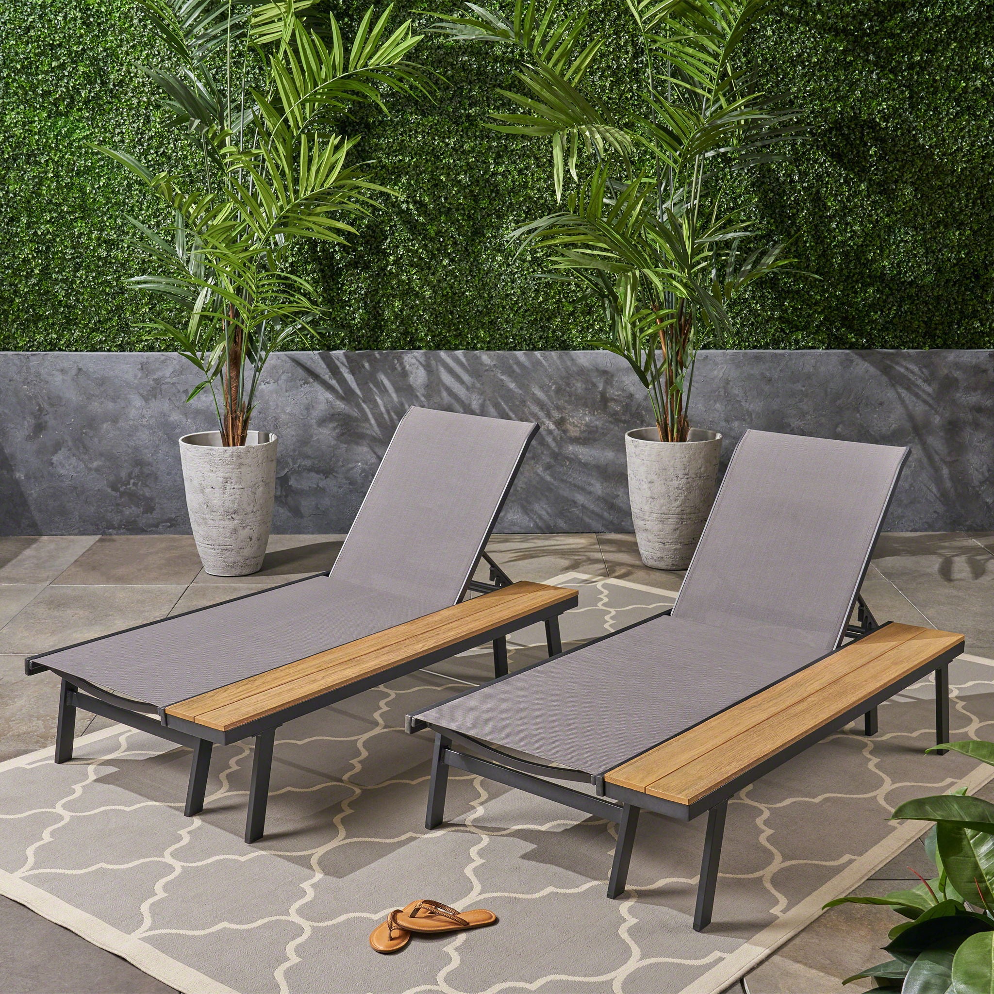 Waterloo - Chaise Lounge With Attached Wood Side Table (Set of 2) Adjustable Eucalyptus Wood And - Gray / Black