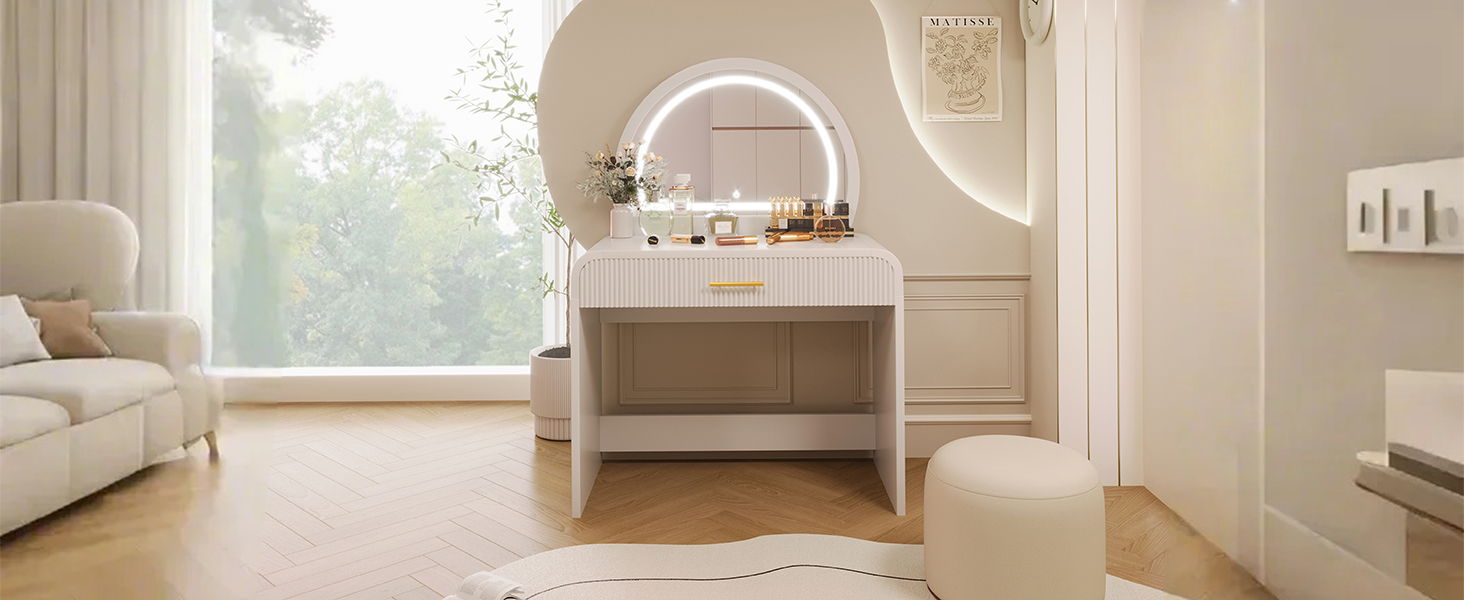 Makeup Vanity Table With Mirror Touch Screen Lighted Mirror, Dressing Table With Drawer For Bedroom - White - Best Buy Furniture