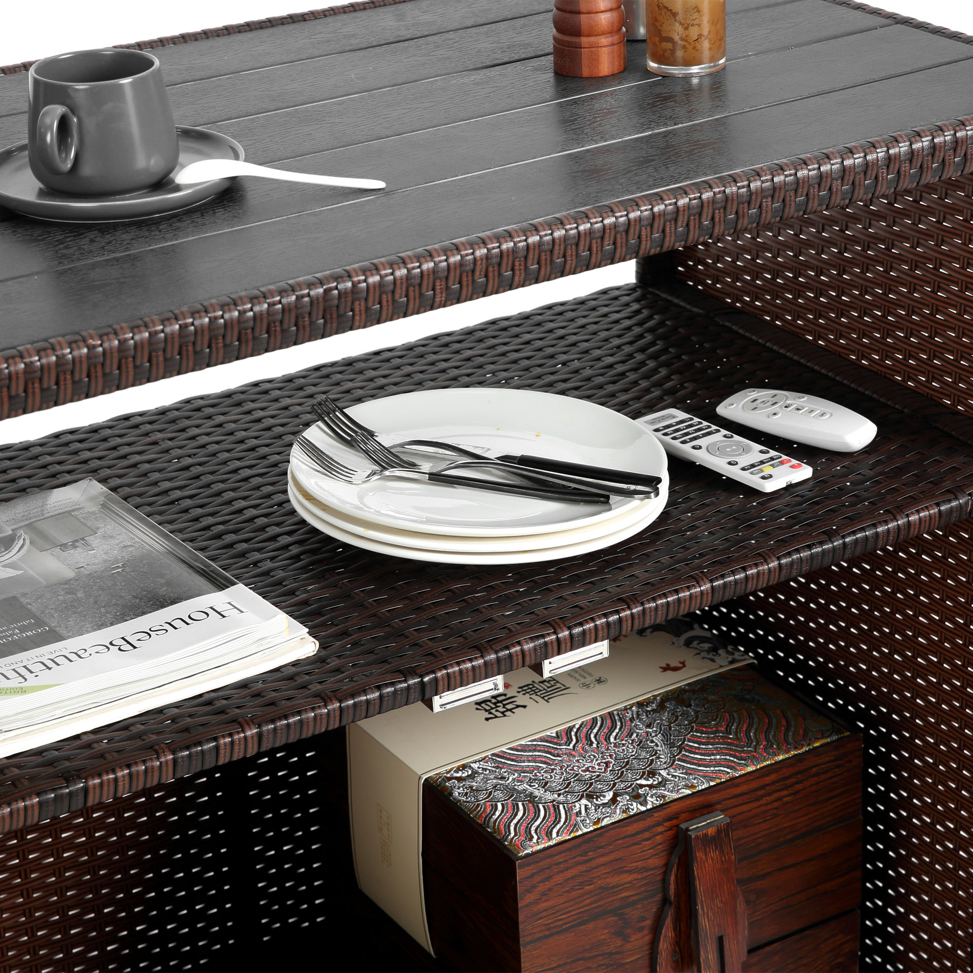 Outdoor Wicker Bar Cart with Glass Top and Wheels - Light Brown