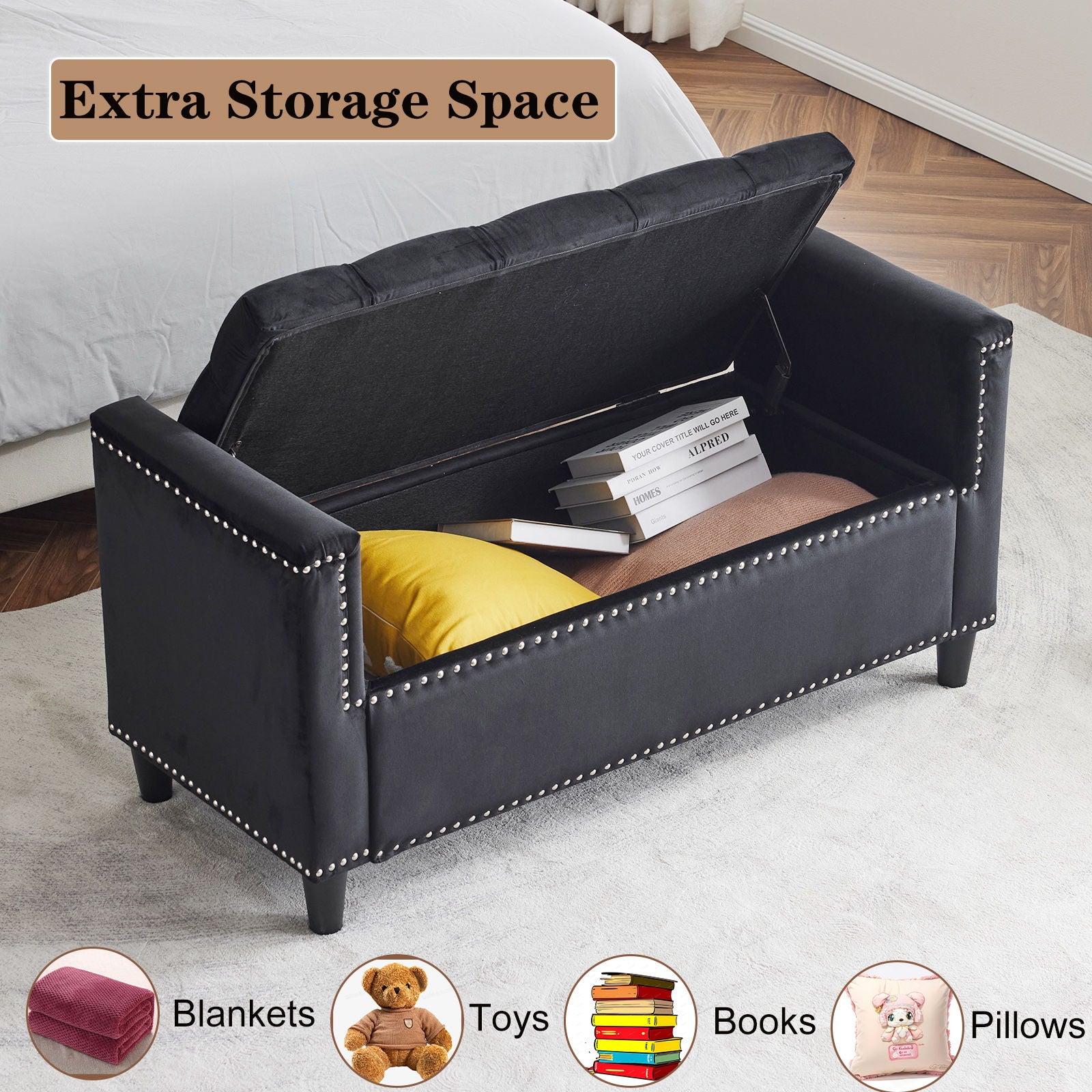 Queen Velvet Button Bedside Storage Bench With Armrests, Nailhead Trim
