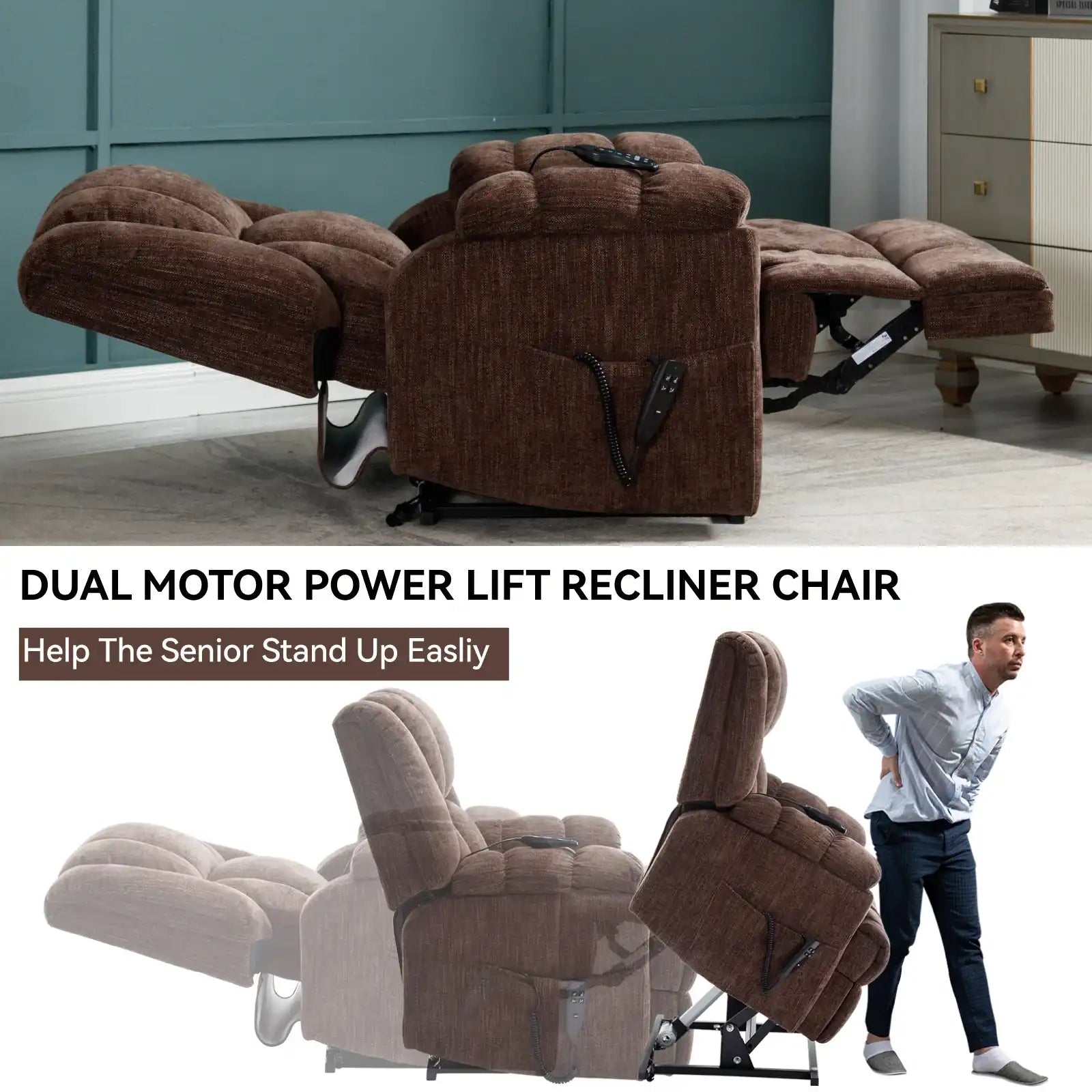 TOPMAX Electric Power Lift Recliner with Massage, Brown - Best Buy Furniture