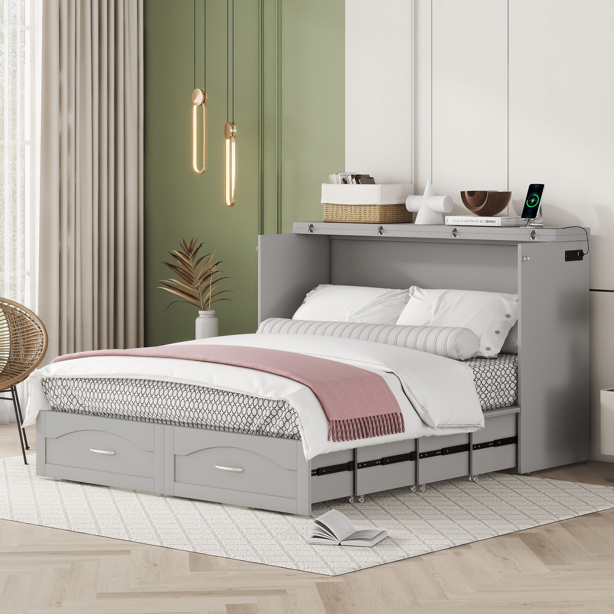 Murphy Wall Bed With Drawer And A Set Of Sockets & USB Ports, Pulley Structure Design