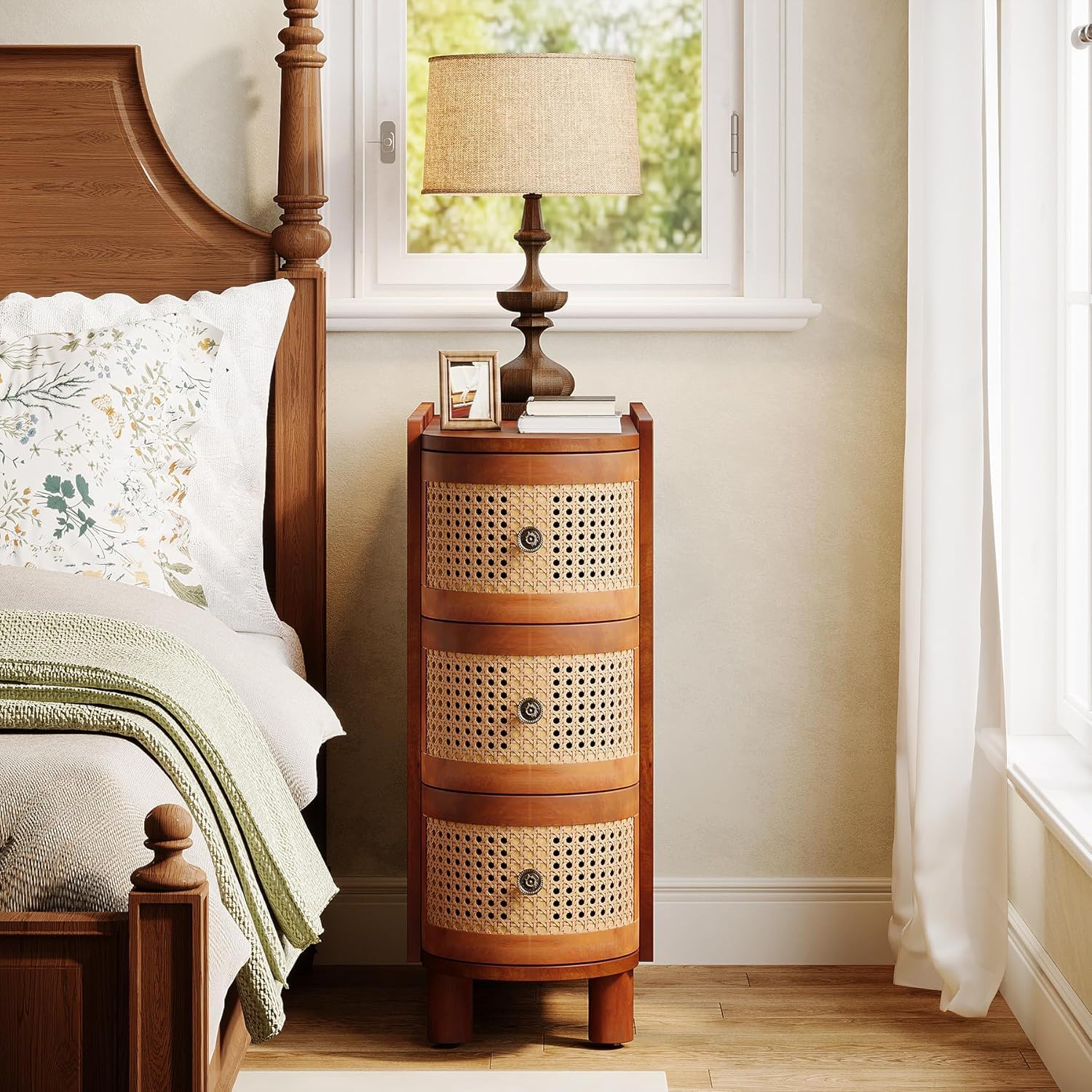 Narrow 3 Drawer End Table, Compact Nightstand For Living Room - Brown Oak