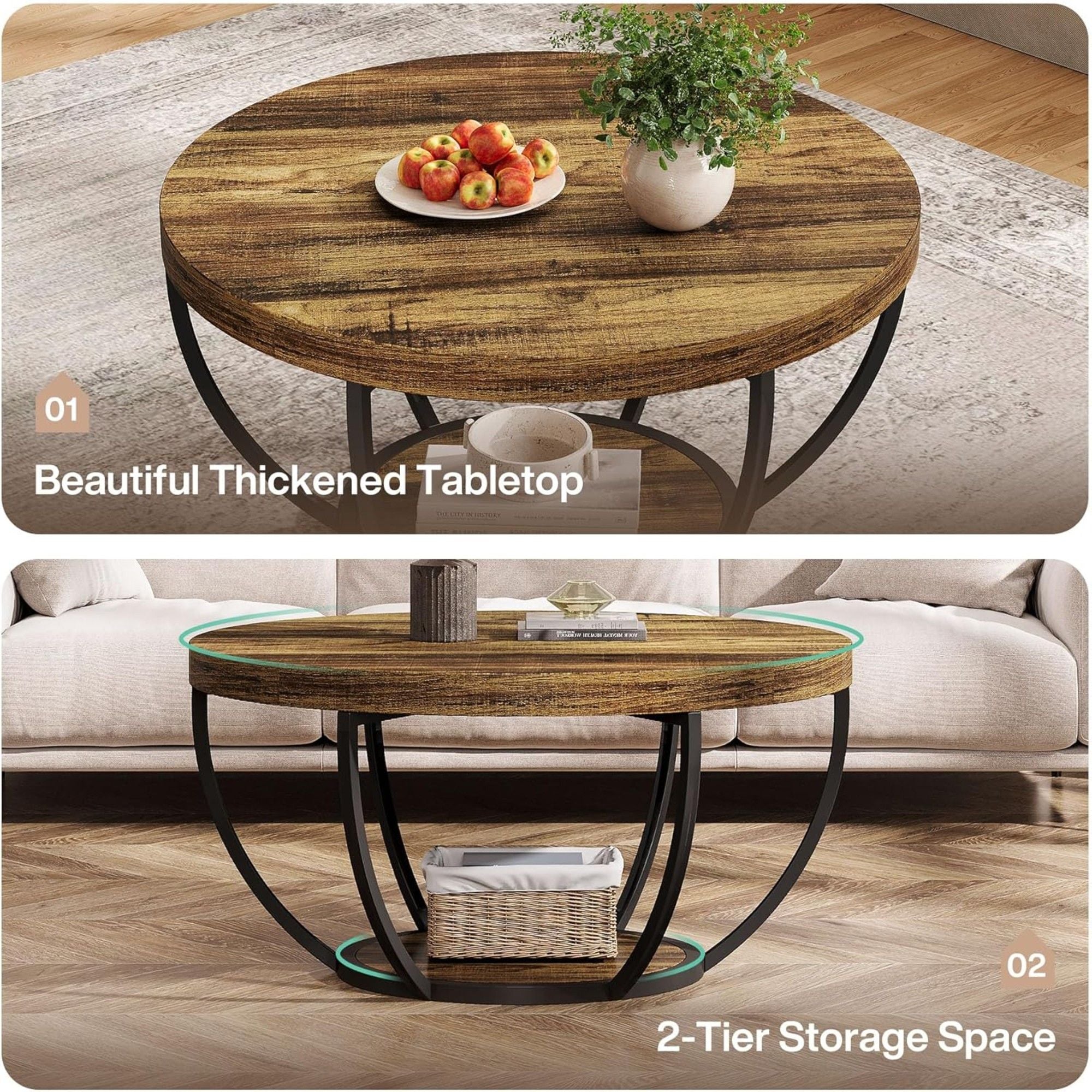 2 Tier Circle Coffee Table With Storage Shelves