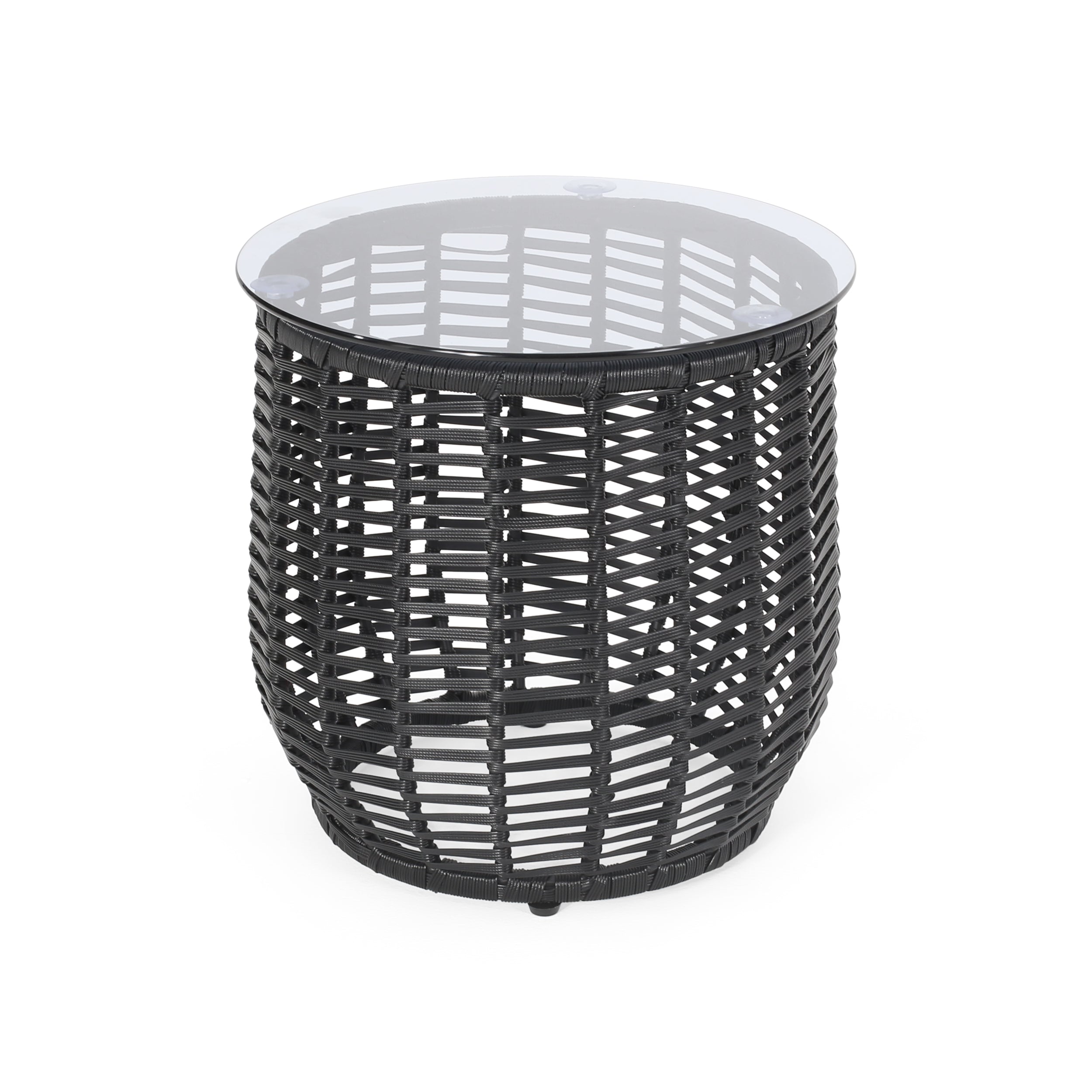 Boho ARIAS Side Table with Tempered Glass Top and Rattan Wrap, Black, 15.5 inches