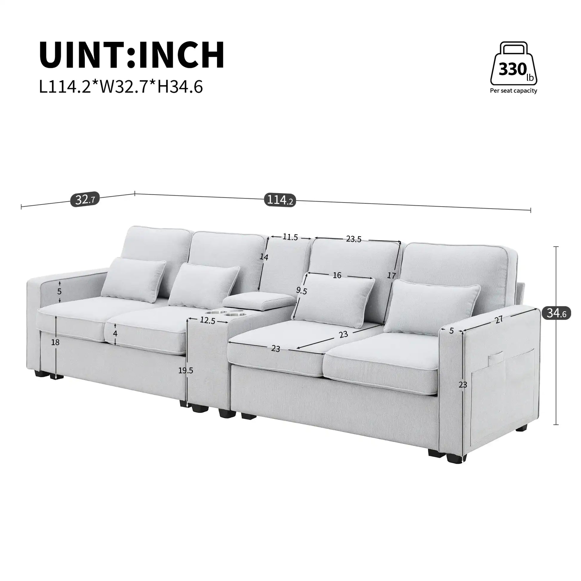 114.2" Modern Upholstered Sofa with Console, 4 Seats, Linen Fabric - Best Buy Furniture