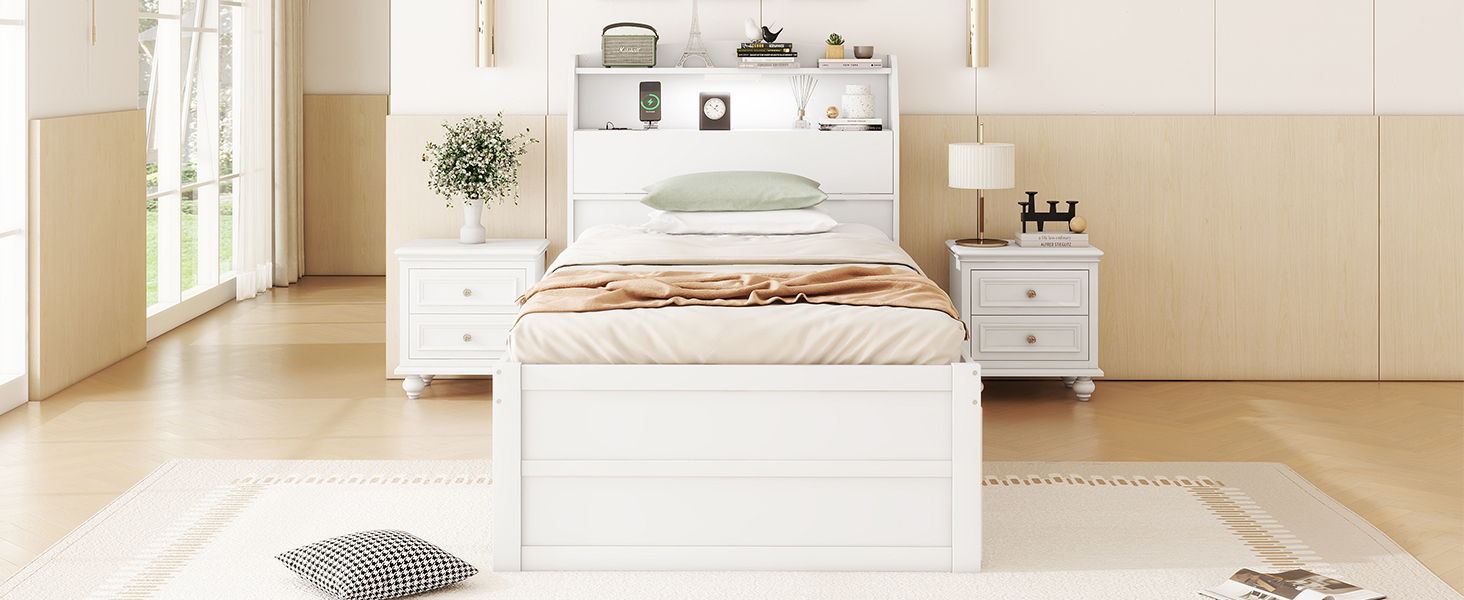 LED Platform Bed With Trundle With Storage Headboard With Drawers
