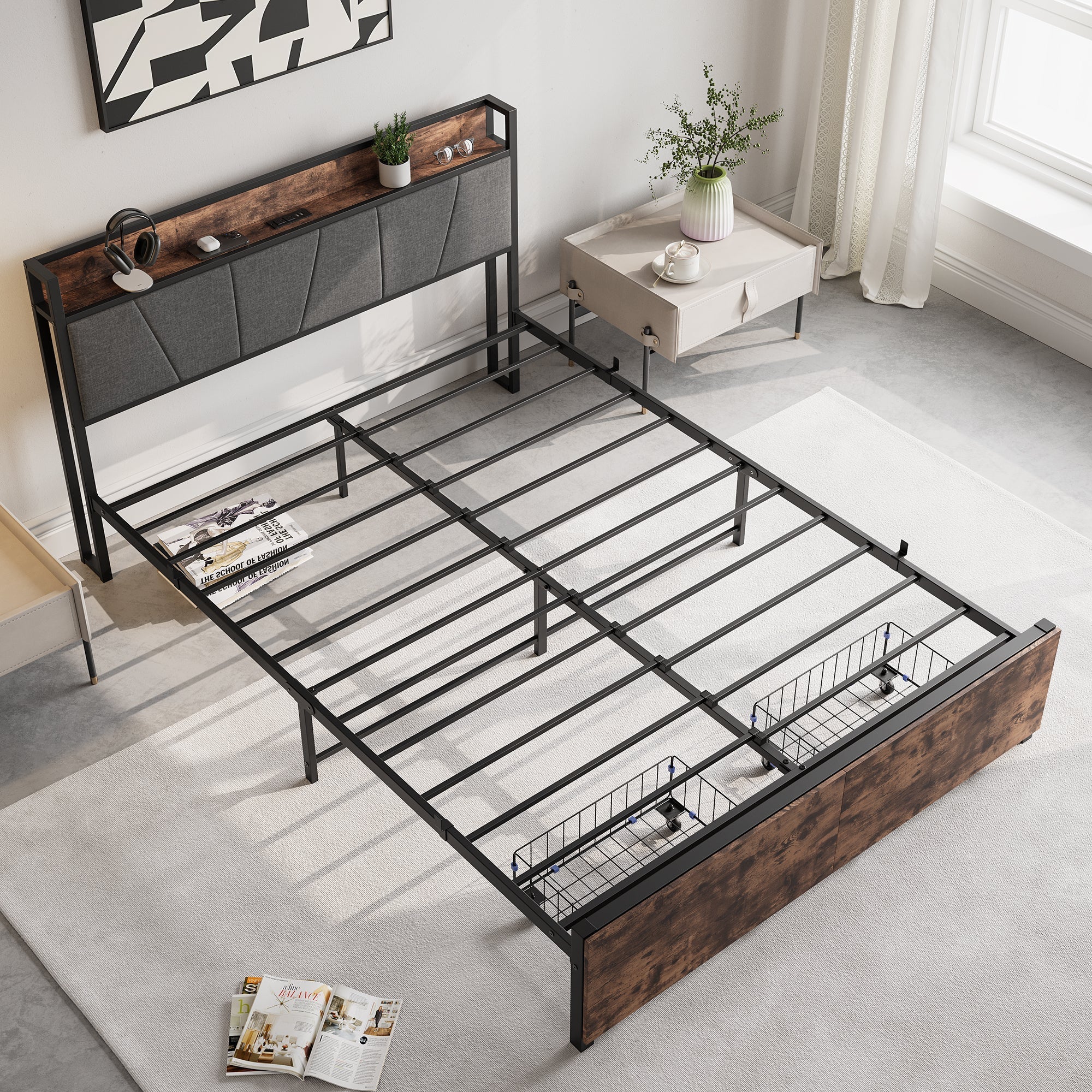 Upholstered Platform Bed with Storage and Charging Station in Vintage Brown and Gray