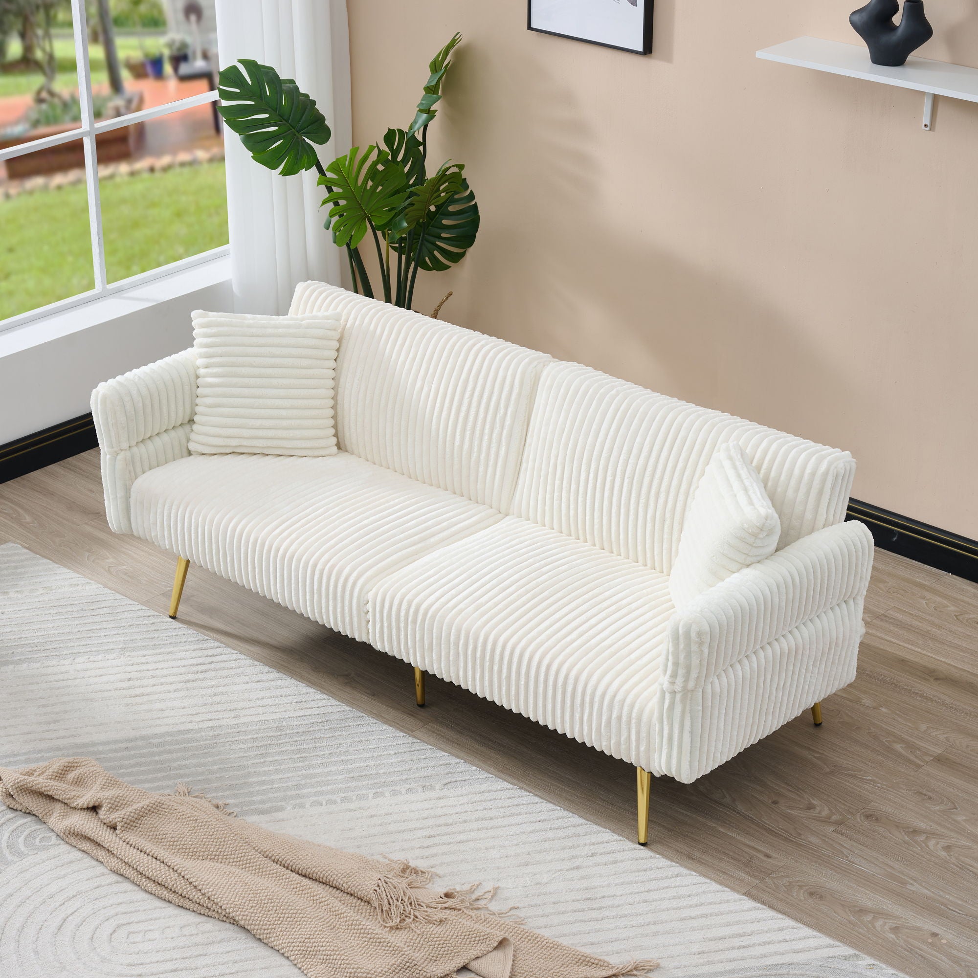 Luxury Corduroy Foldable Double Sofa Bed With Folding Armrests