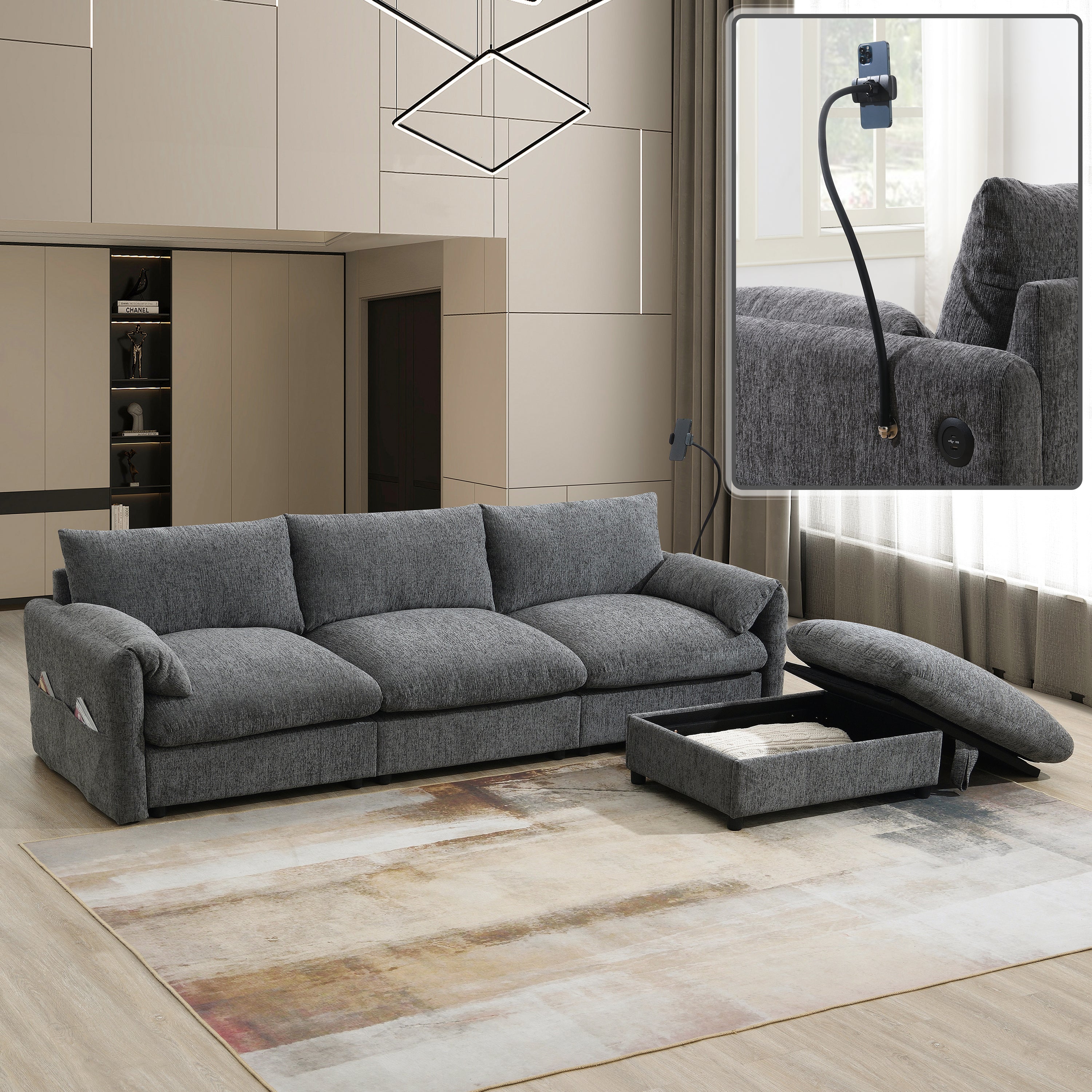 Chenille Sectional Sofa with Storage Ottoman & Phone Holder