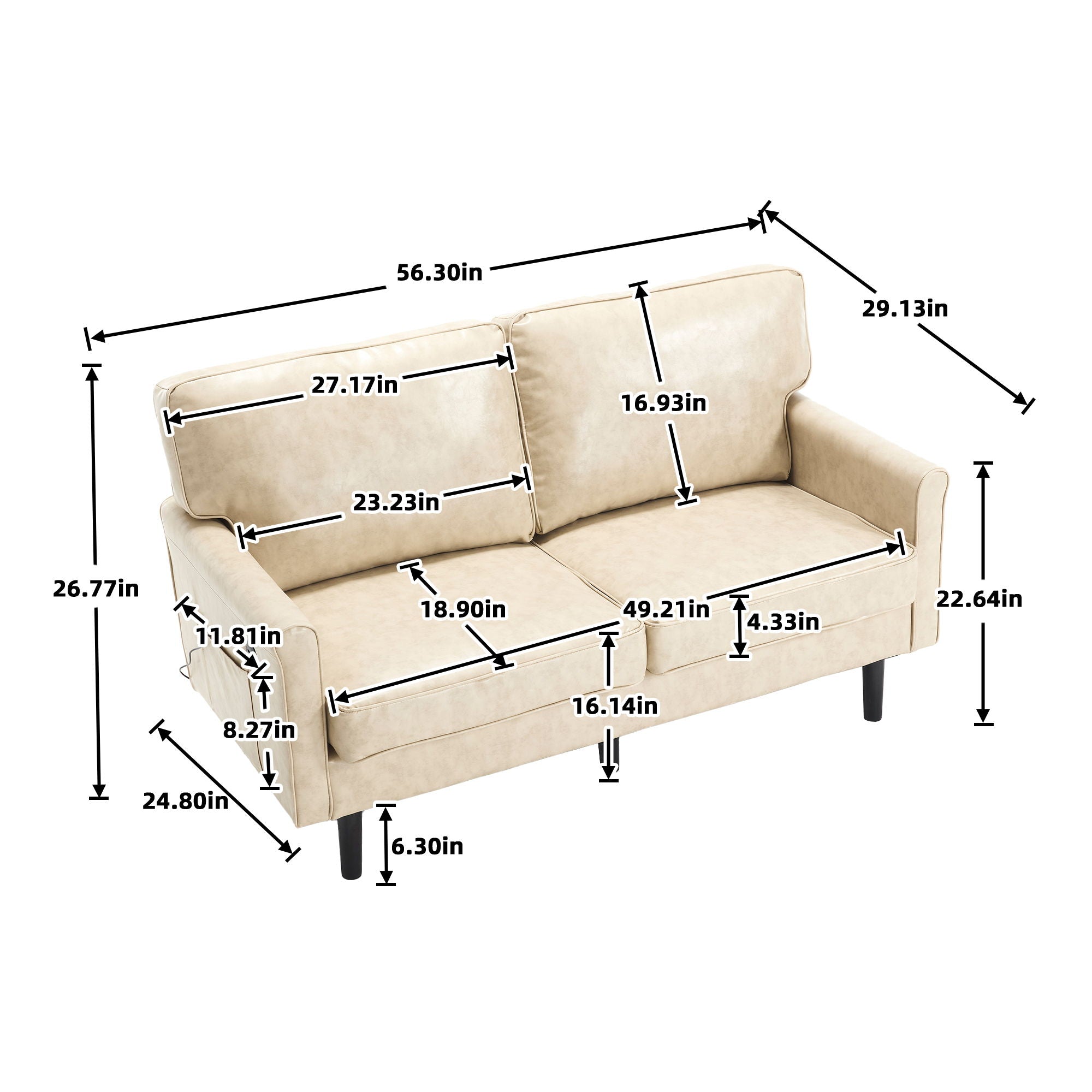 Mid Century Modern Loveseat Sofa With USB Ports, Removable Pillow Cover