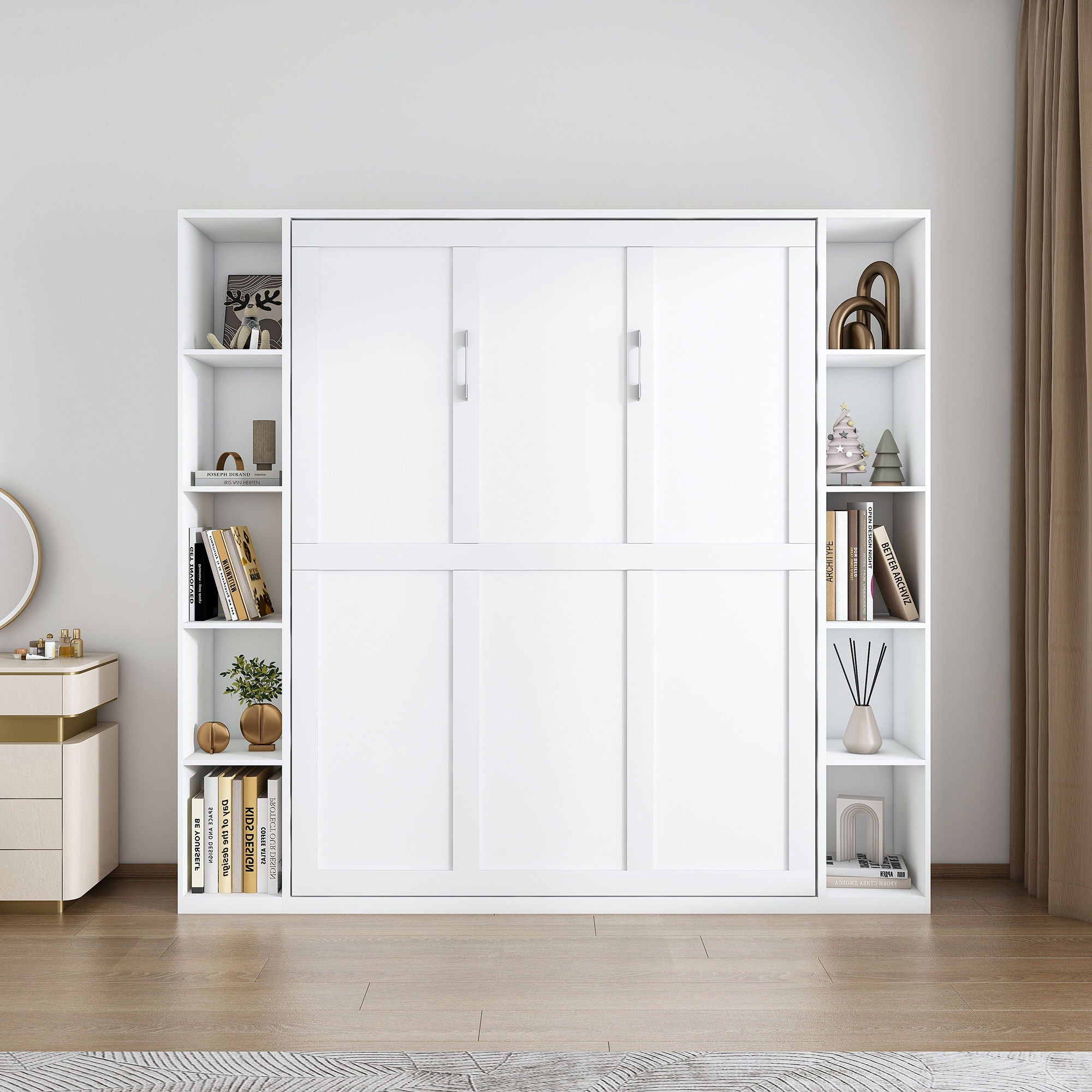 Queen Murphy Bed With Storage Cabinet - White