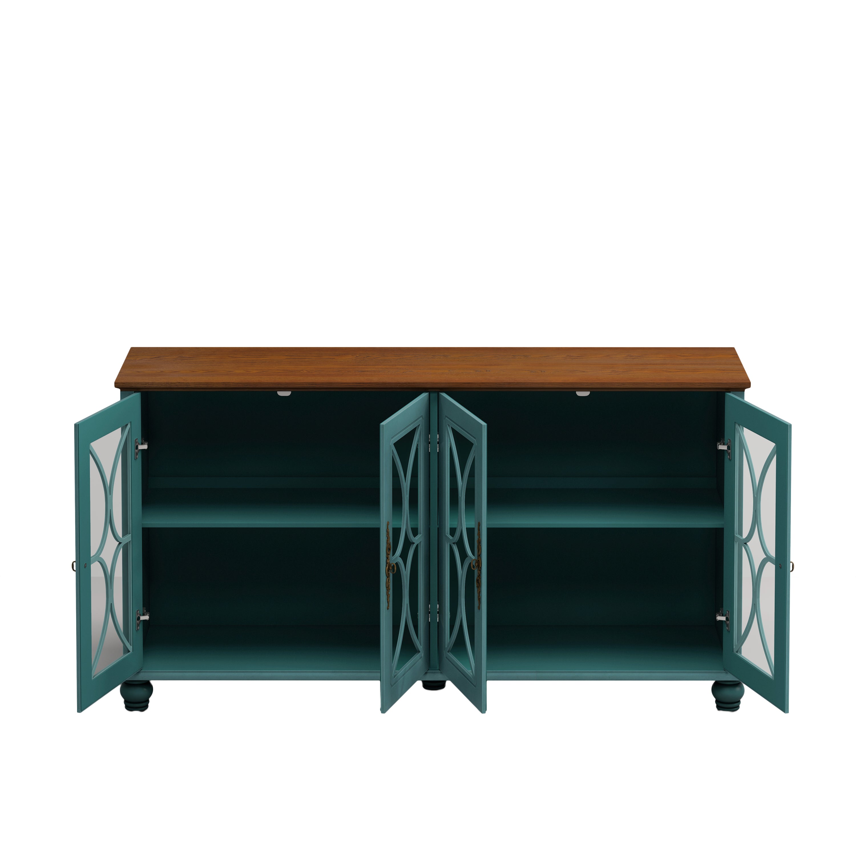 Elegant European Antique Style 4-Door Cabinet with Tempered Glass Doors, Dark Green MDF with Wood Veneer and Solid Wood Legs, 59.45L x 15.75W x 31.89H inches