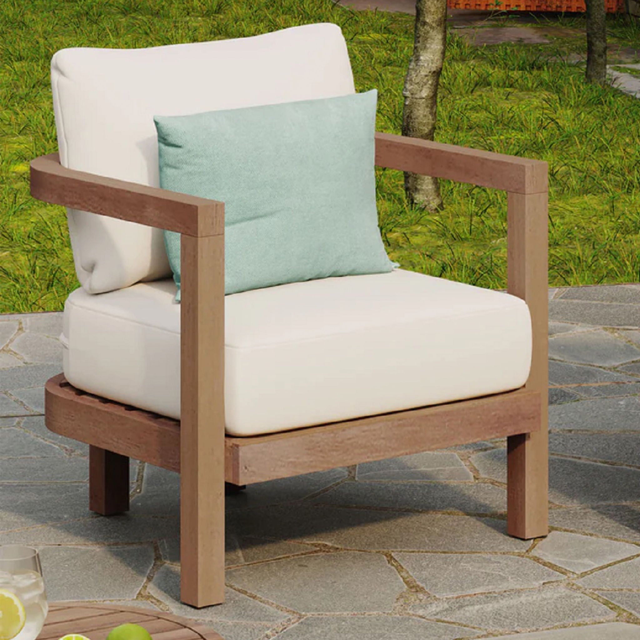 Outdoor Acacia Wood Patio Club Chair, Waterproof Thick Cushion, Deep Seating - Best Buy Furniture