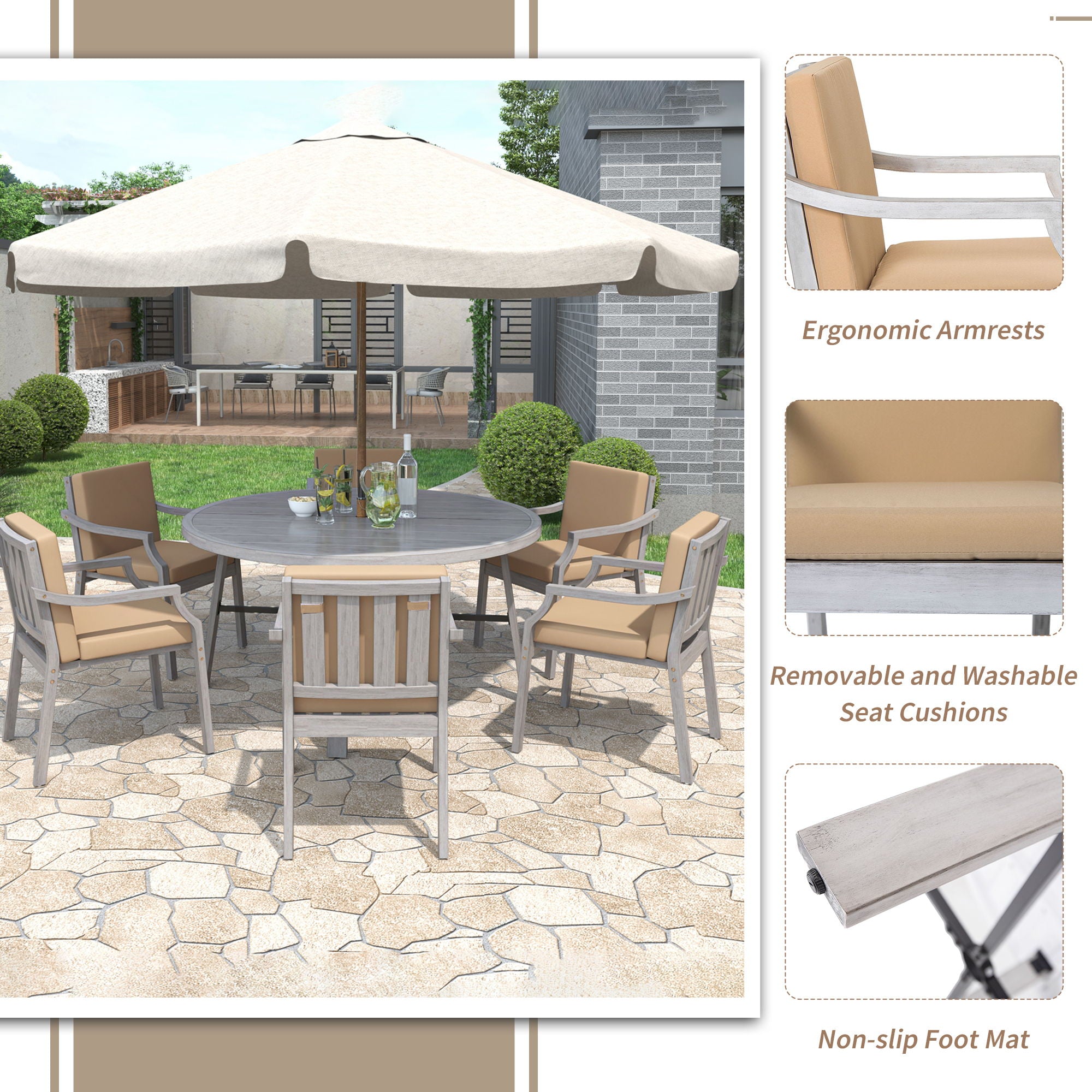 6 Person Outdoor Dining Set With Umbrella Hole And Removable Cushions For Patio - Gray