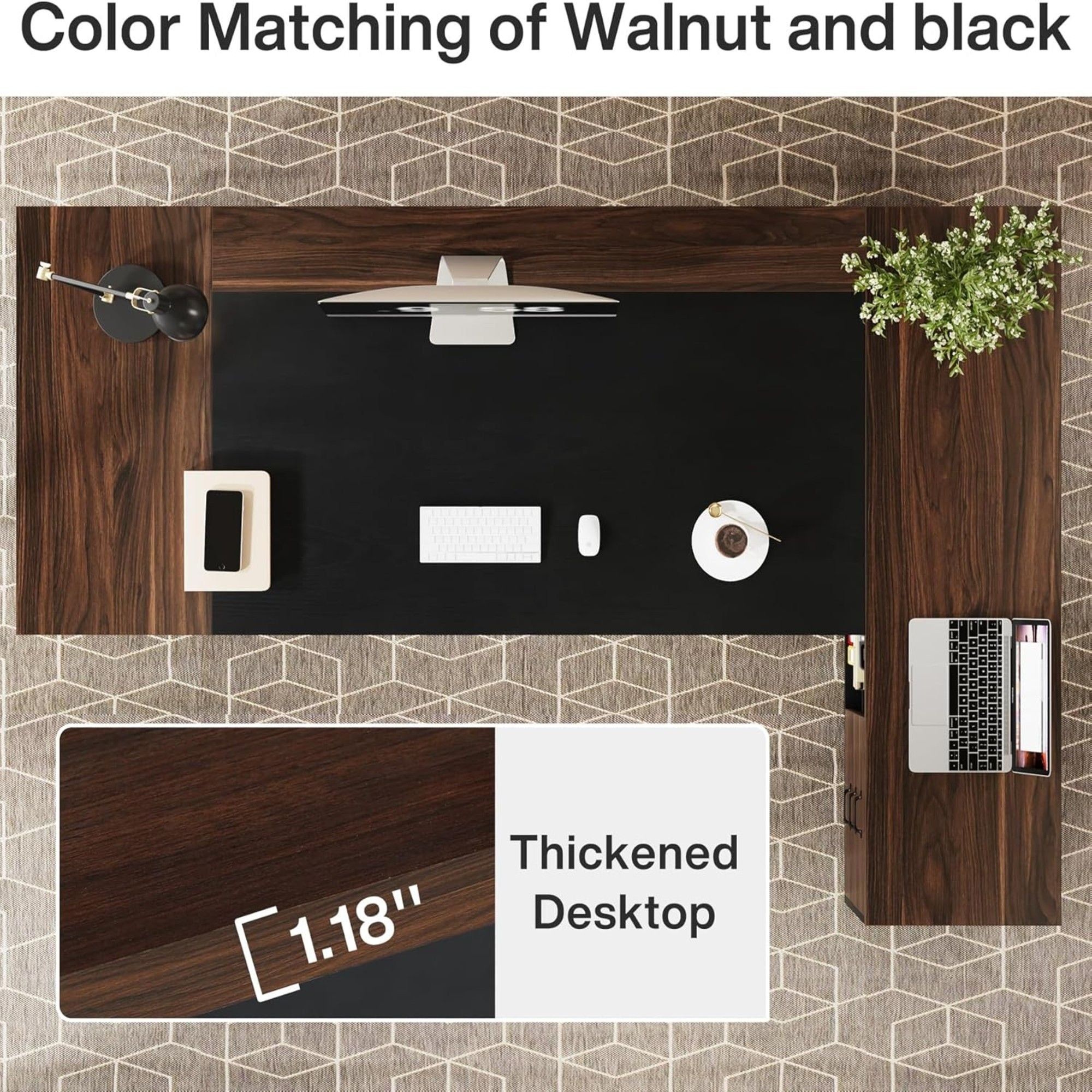 L-Shaped Executive Desk With File Cabinet & Drawers, Large Home Office Computer Workstation