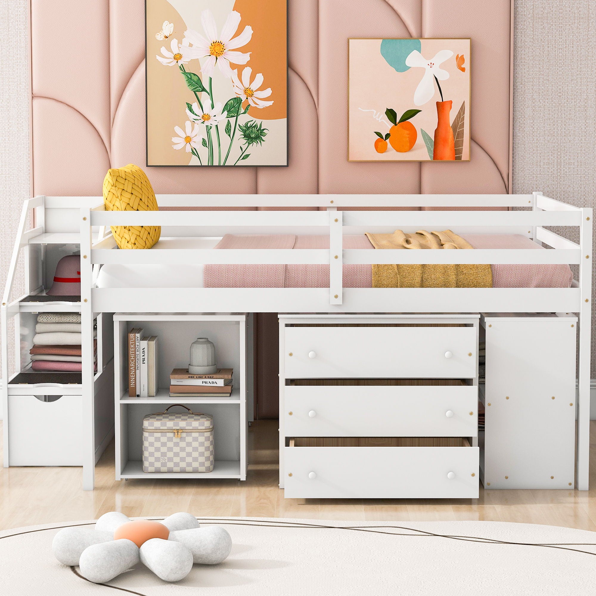 Loft Bed With Retractable Writing Desk And 3 Drawers With Storage Stairs And Shelves