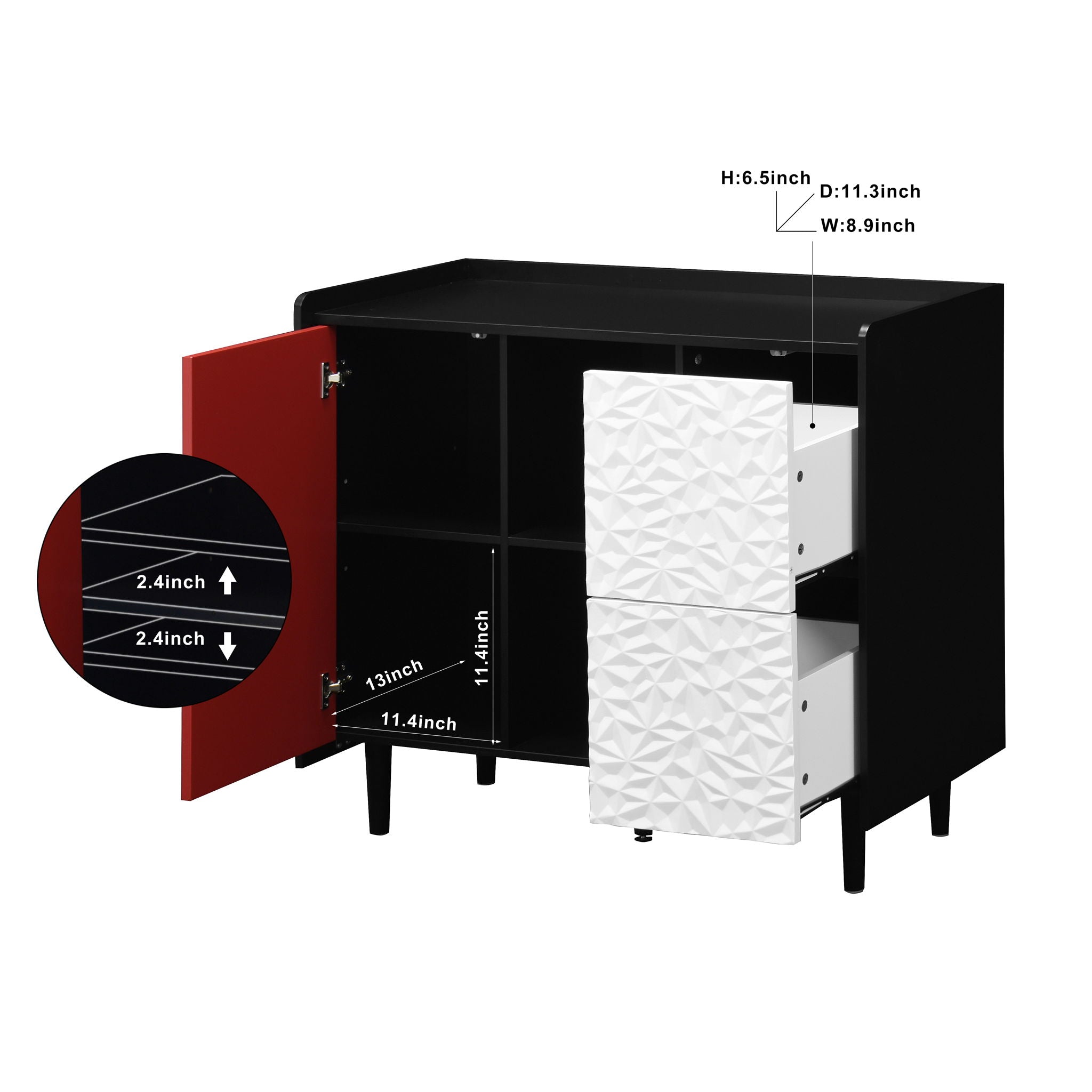 Modern Sideboard Buffet Cabinet With Red Doors And Unique Panel Styling