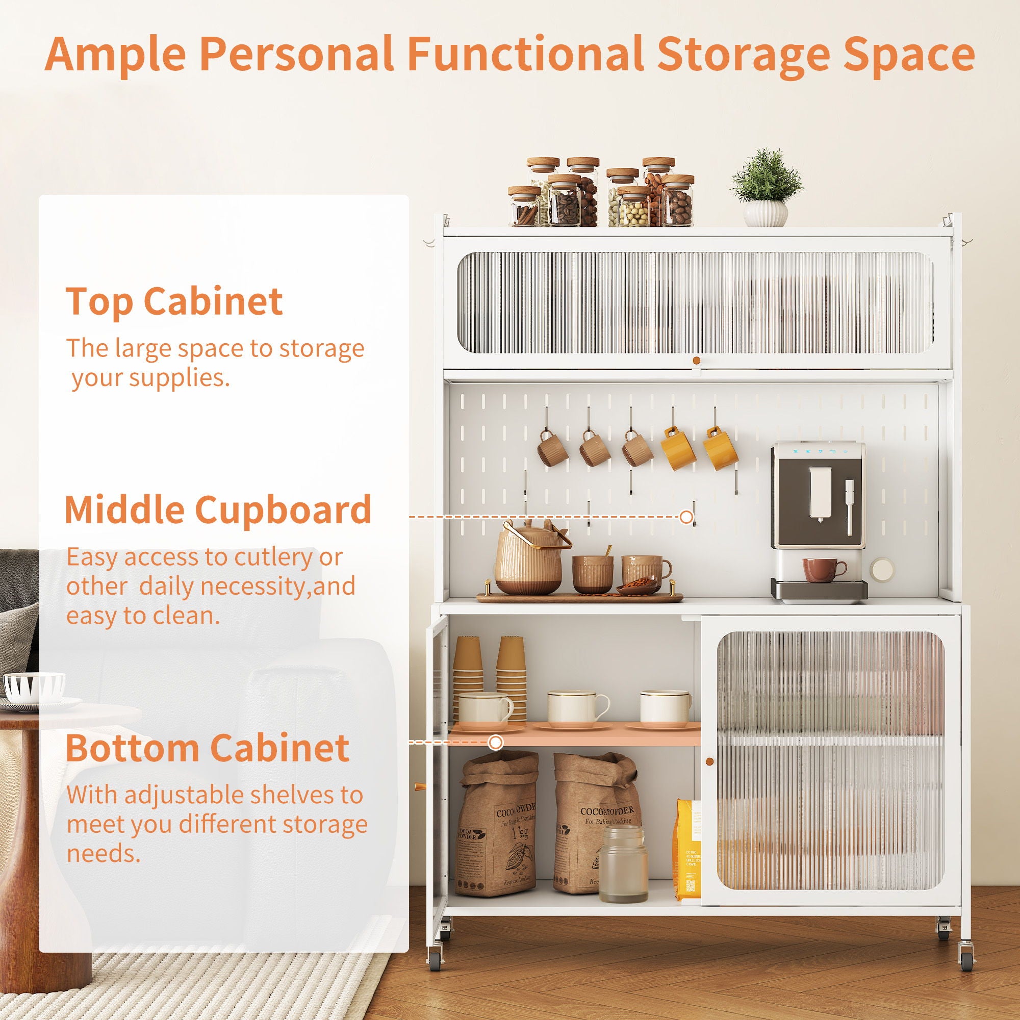 Contemporary Kitchen Pantry Cabinet With Glass Doors, Adjustable Shelves, Steel - Brushed Nickel
