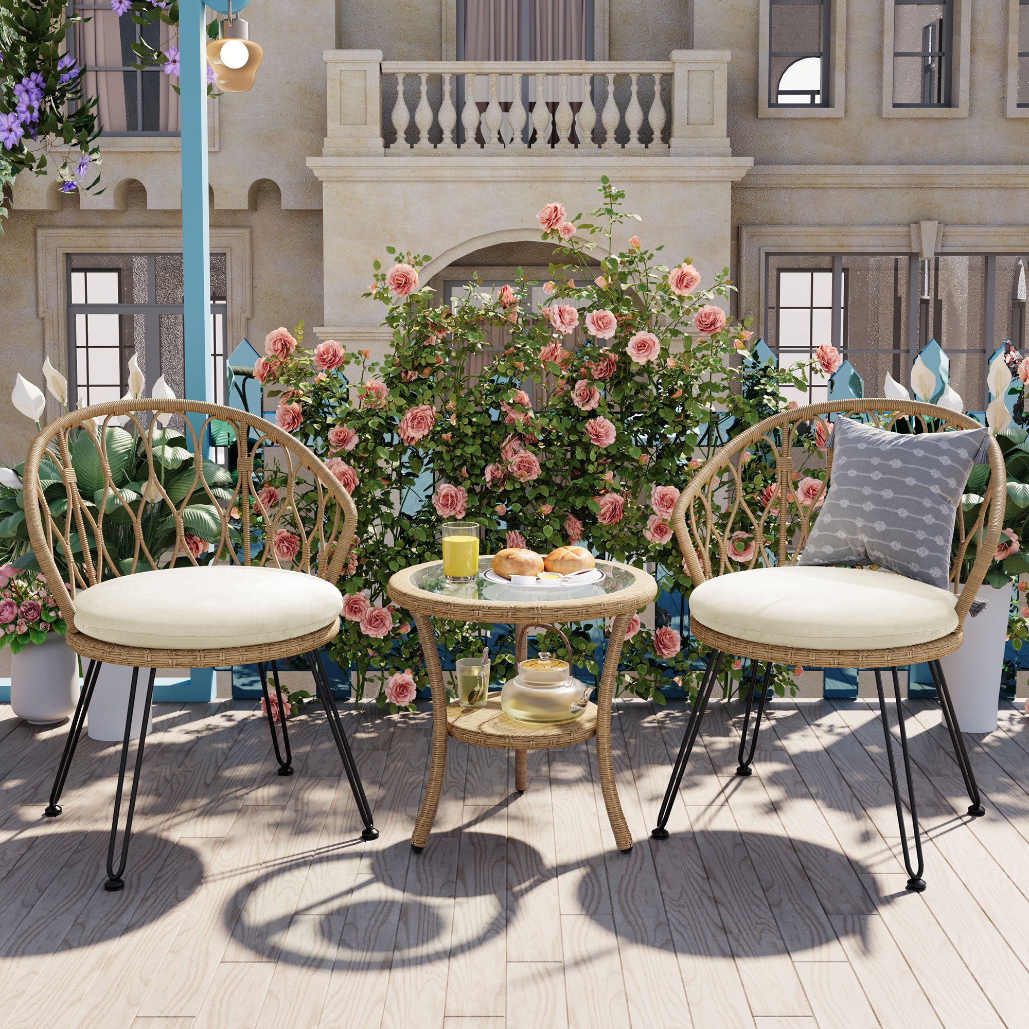 U_STYLE Outdoor Leisure Set, 2 Rattan Single Chairs with A Glass Round Table, Perfectly Suited for Patios, Balconies, and Courtyards