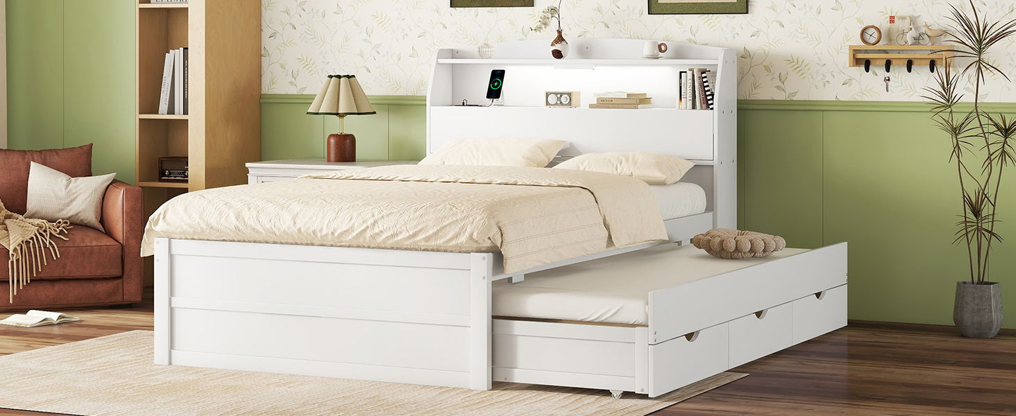 LED Platform Bed With Trundle With Storage Headboard With Drawers