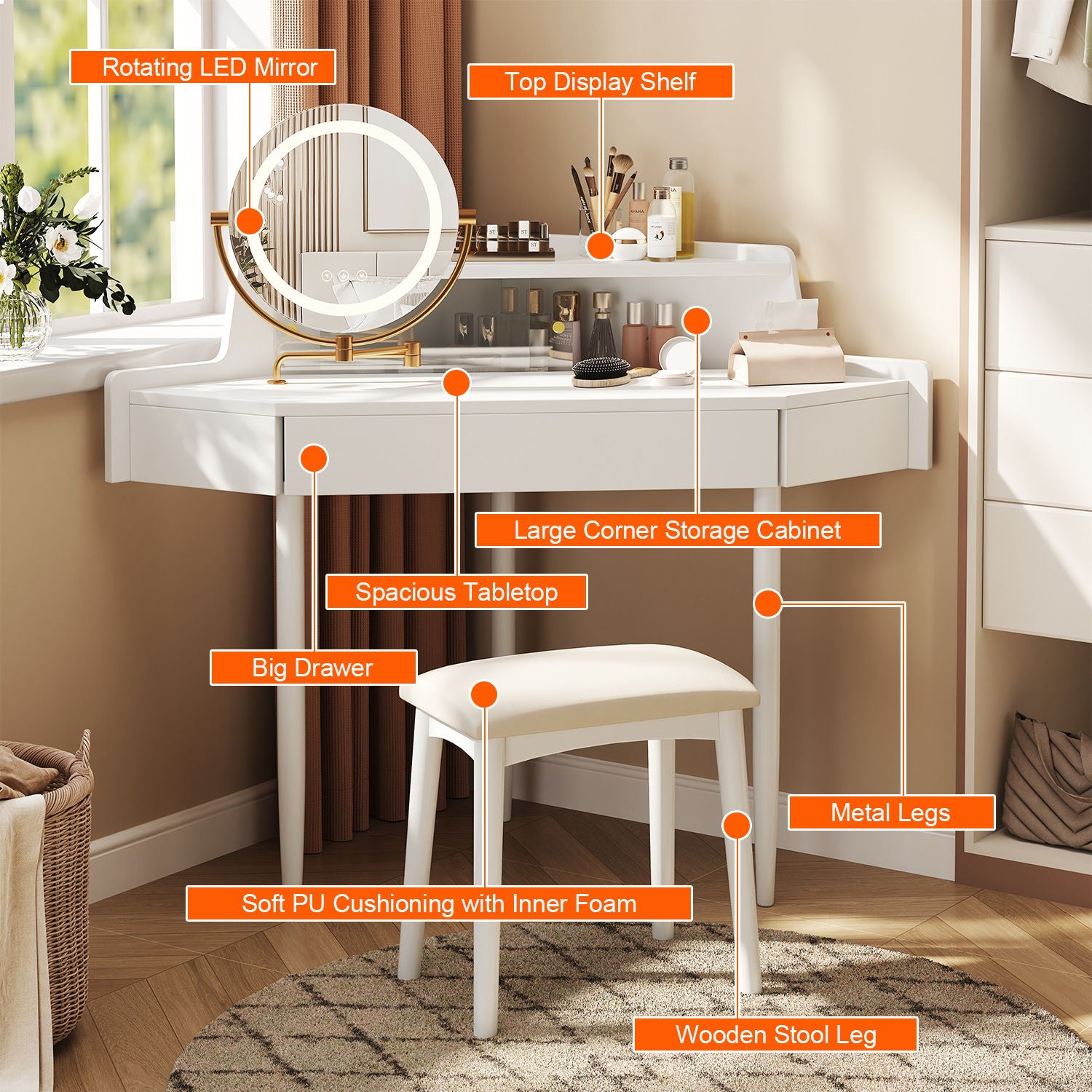 Modern Corner Makeup Vanity Desk With Large Storage, LED Mirror & Stool, Adjustable Brightness, Space Saving - White - Best Buy Furniture