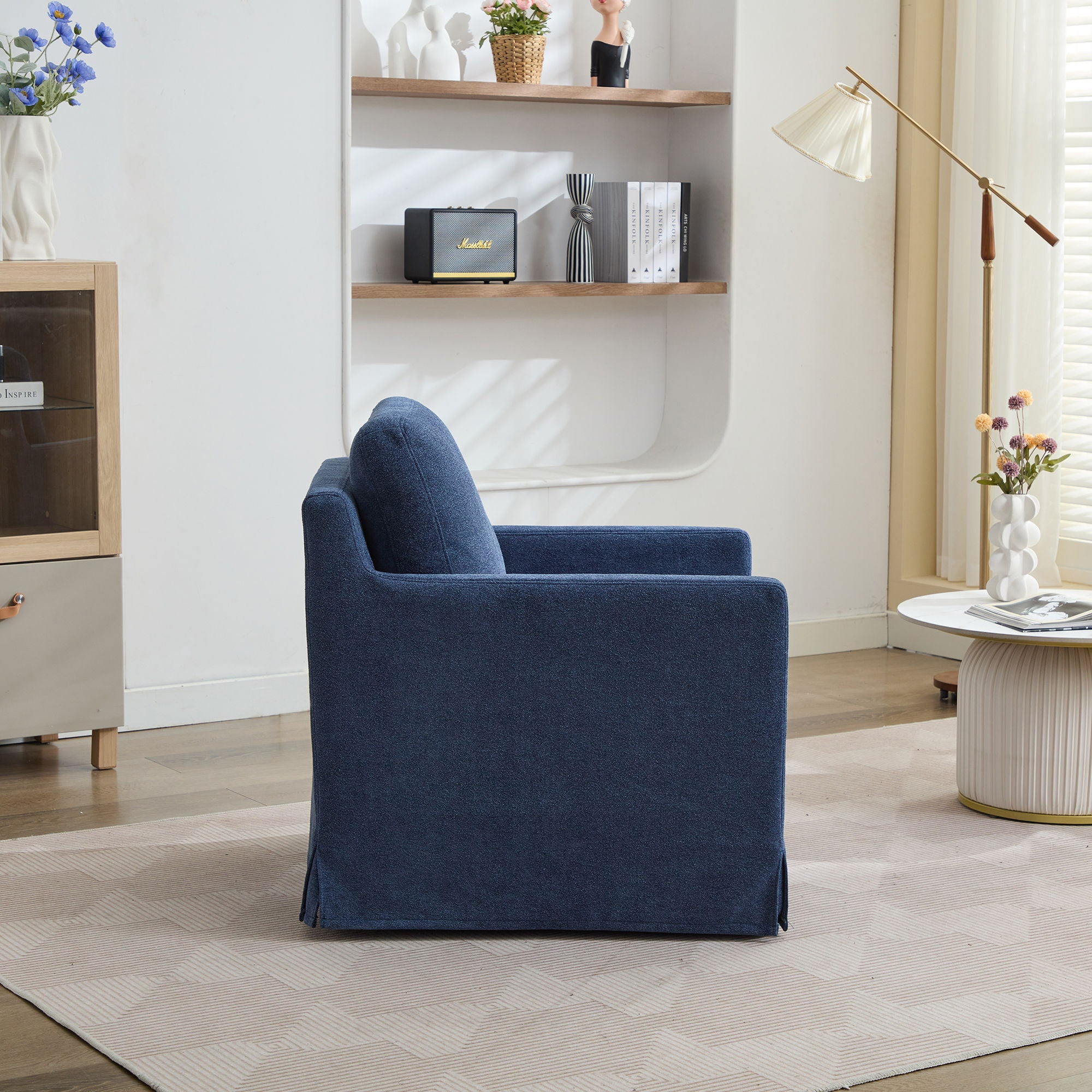 Upholstered Skirted Swivel Chair With Removable Back Cushion For Living Room