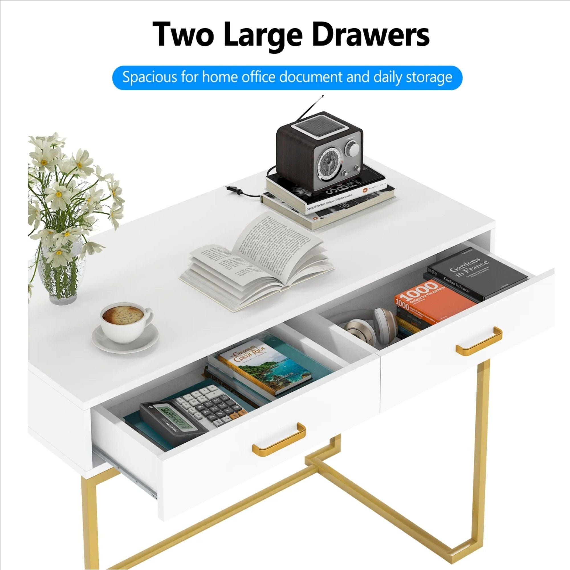 Minimalist Home Office Computer Desk With 2 Drawers, Compact Writing Table For Small Spaces - White / Gold