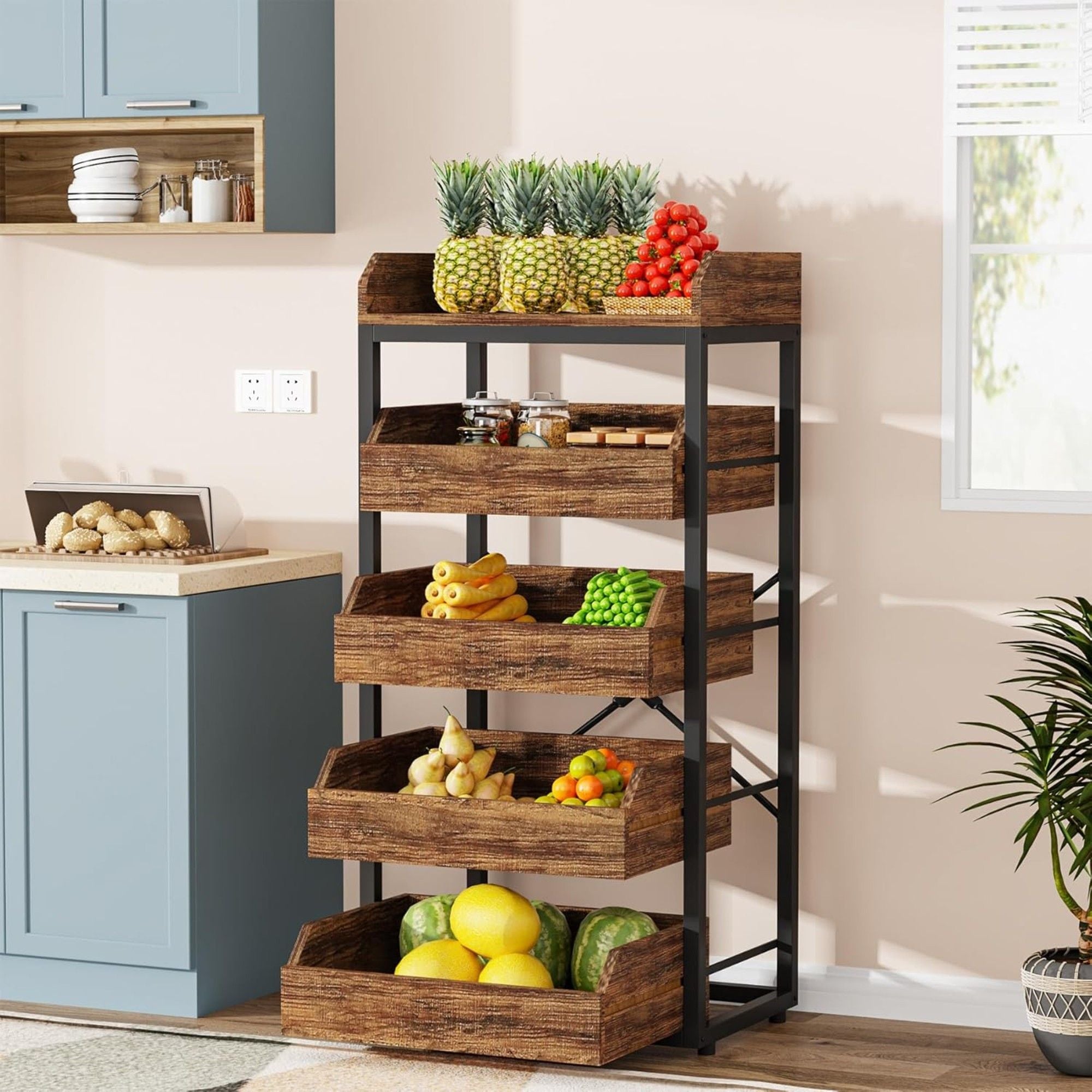 5 Tier Pull Out Fruit Vegetable & Snack Storage Rack - Brown / Black