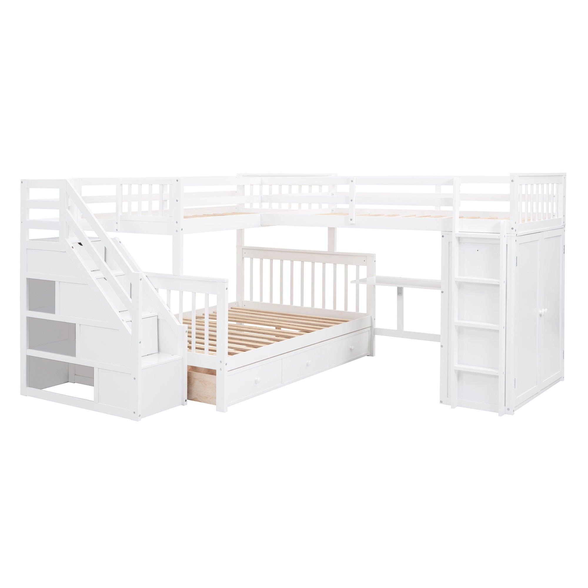 L Shaped Bunk Bed With 3 Drawers, Portable Desk And Wardrobe