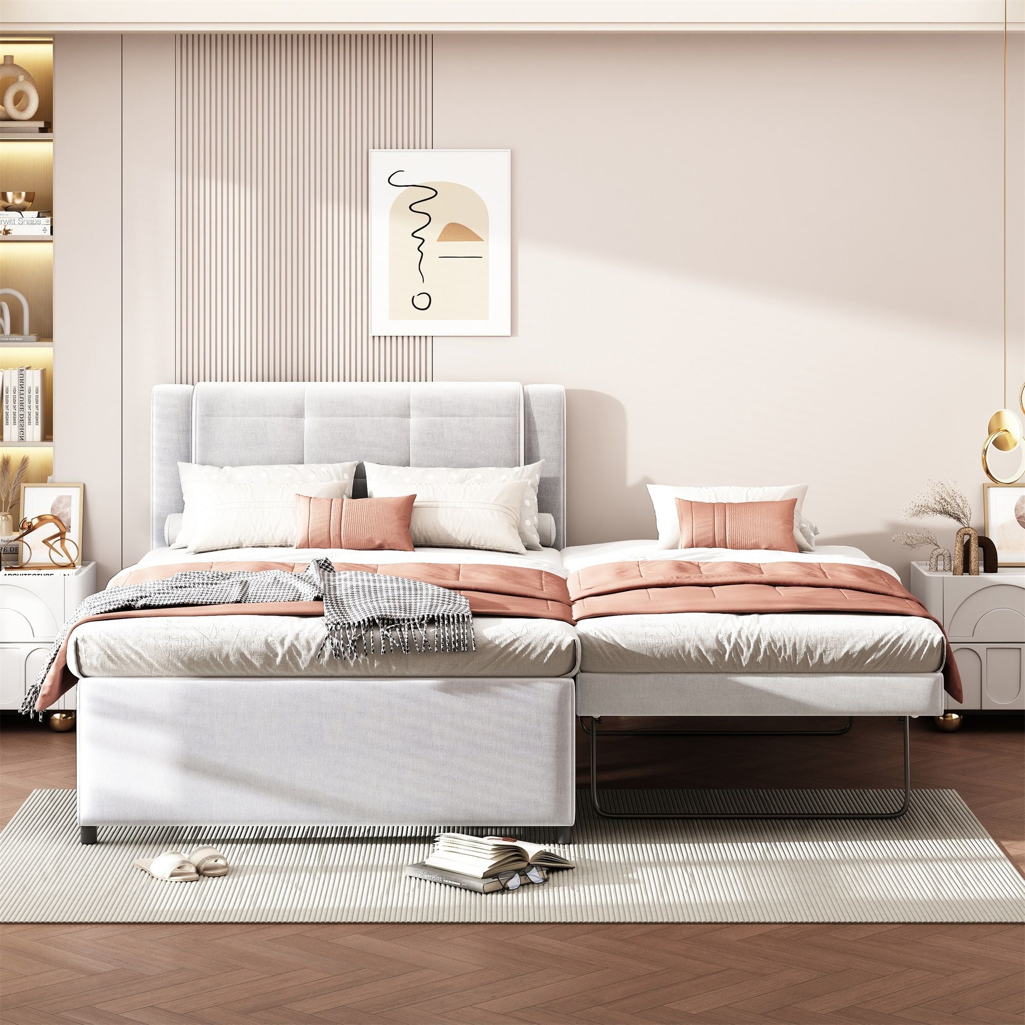 Upholstery Platform Bed With Trundle,Trundle Can Be Flat Or Erected