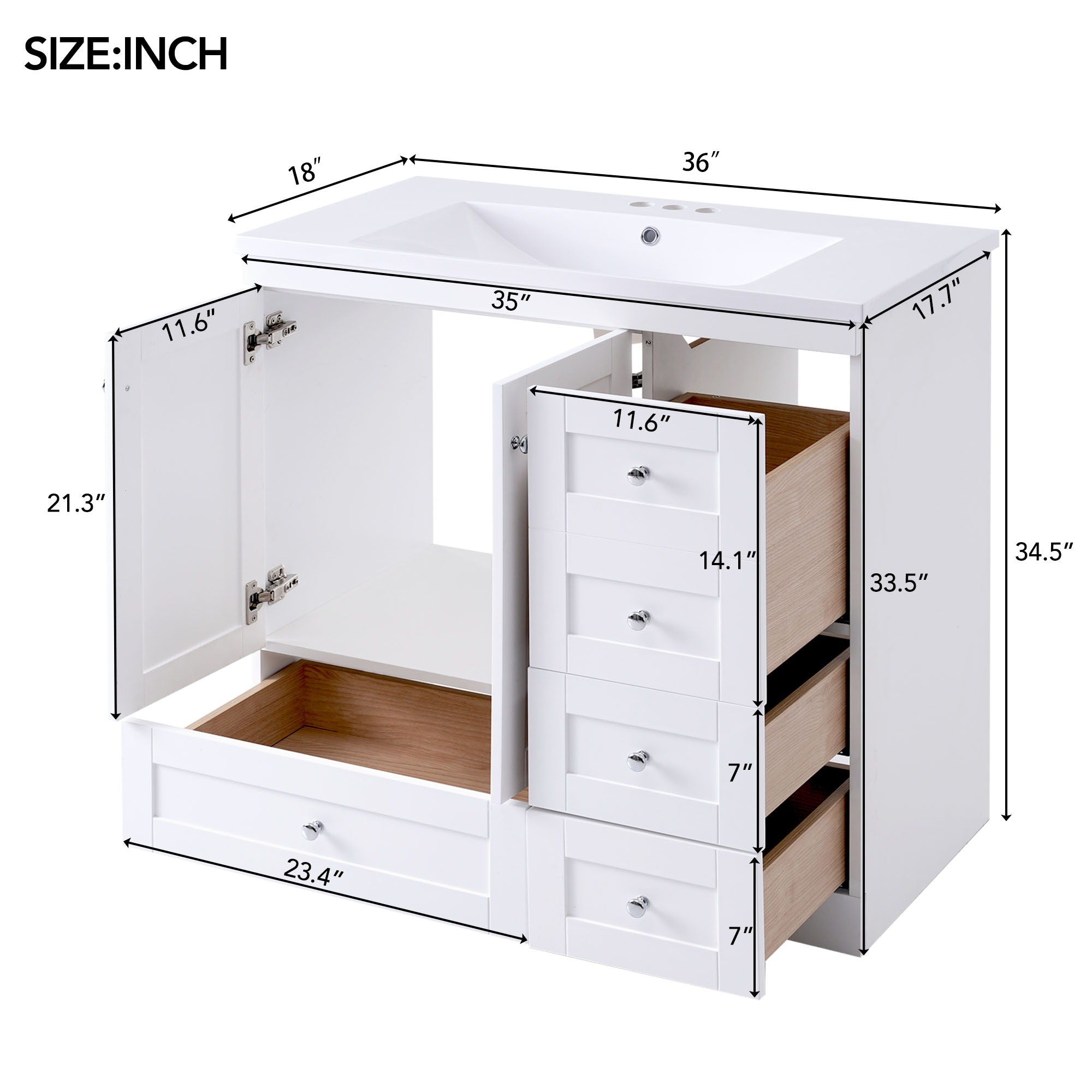 Shaker Free Standing Bathroom Vanity Cabinet With Sink, Soft Close Drawers And Doors - White