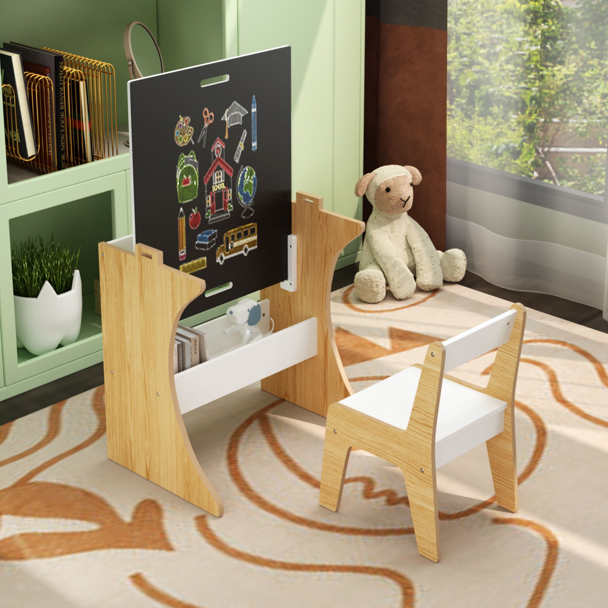 Table Set With 1 Chair, Multifunctional Study Table Convertible Top For Study Drawing & Play - White