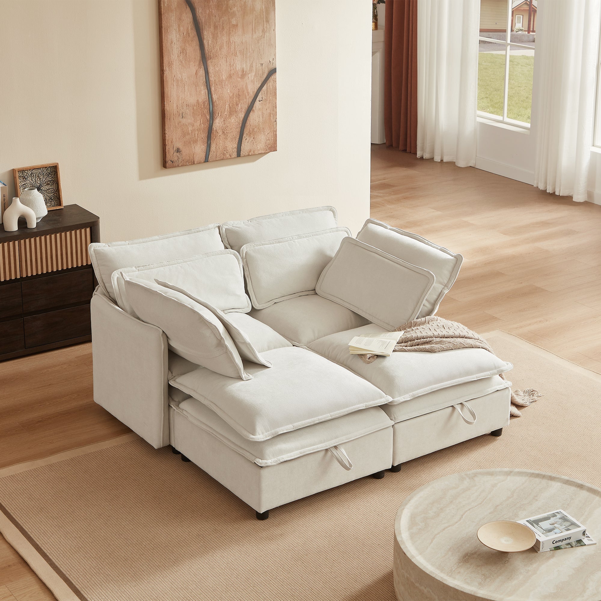 Double-Layer Cushion Modular Sofa 4-Seater with Storage Function
