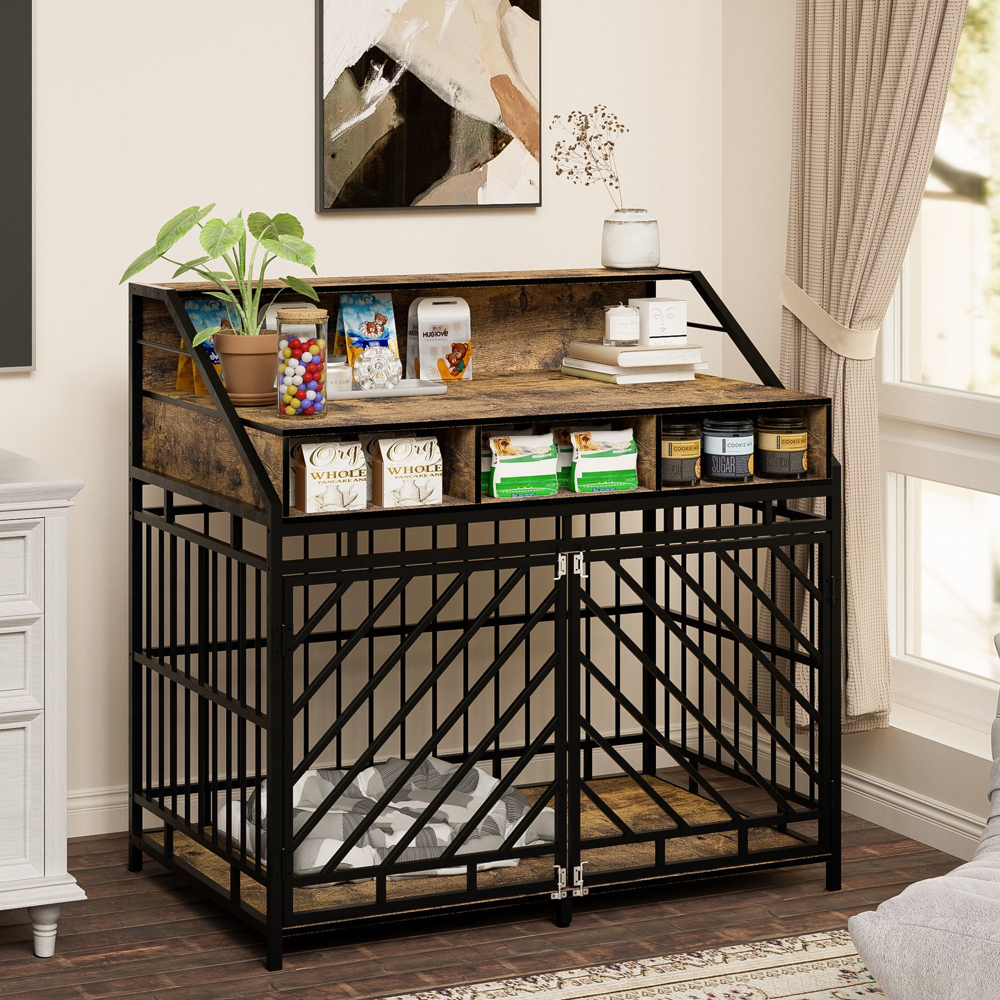 Wooden Dog Crate Furniture With Divider And Storage Drawers For Large Dogs - Rustic Brown