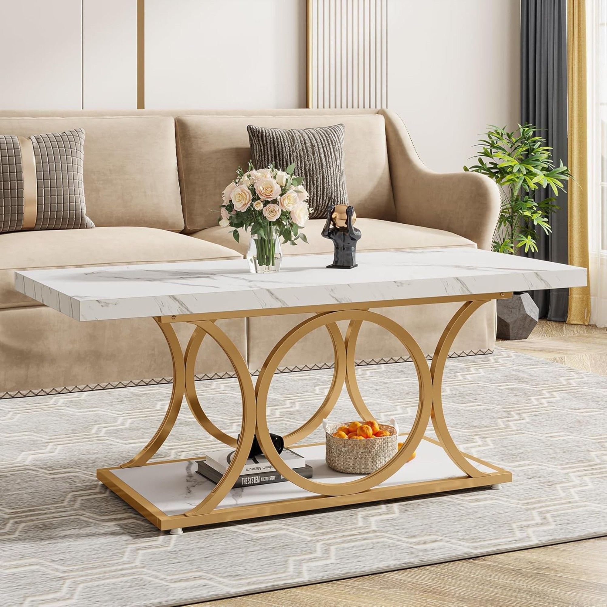 Rectangle Coffee Table, 2 Tier With Geometric Legs, Furniture With Storage Shelf - White / Gold