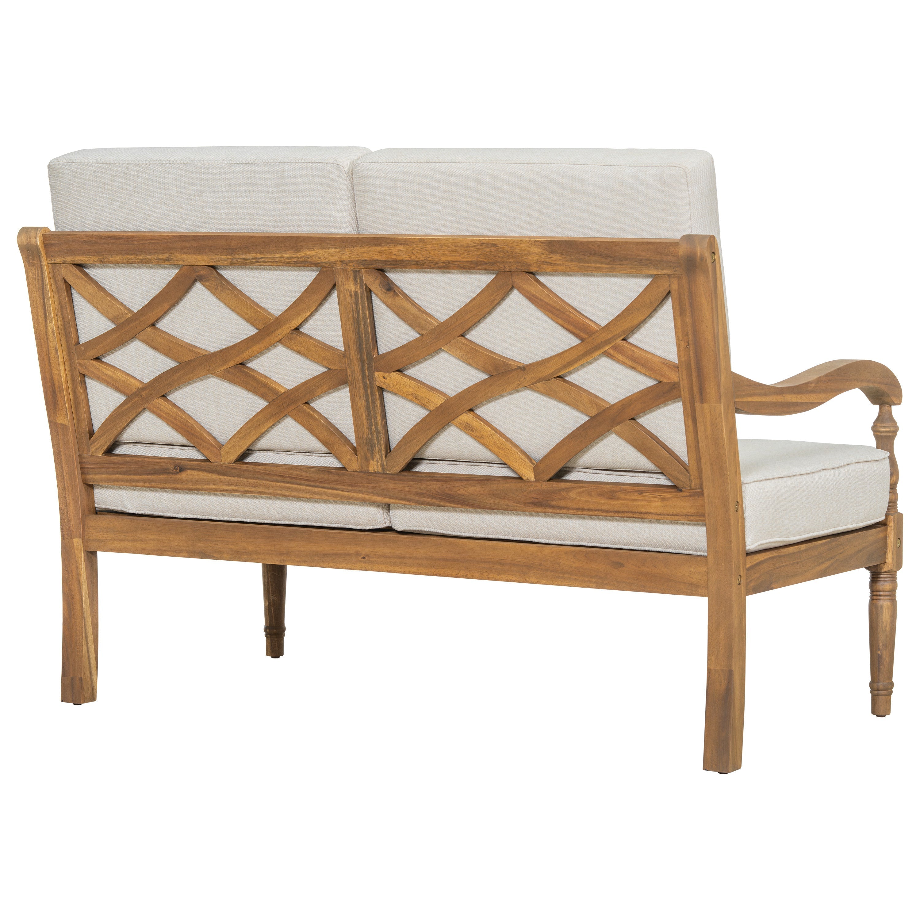 Outdoor Acacia Wood Loveseat with Cushions, Natural Finish with Beige Fabric