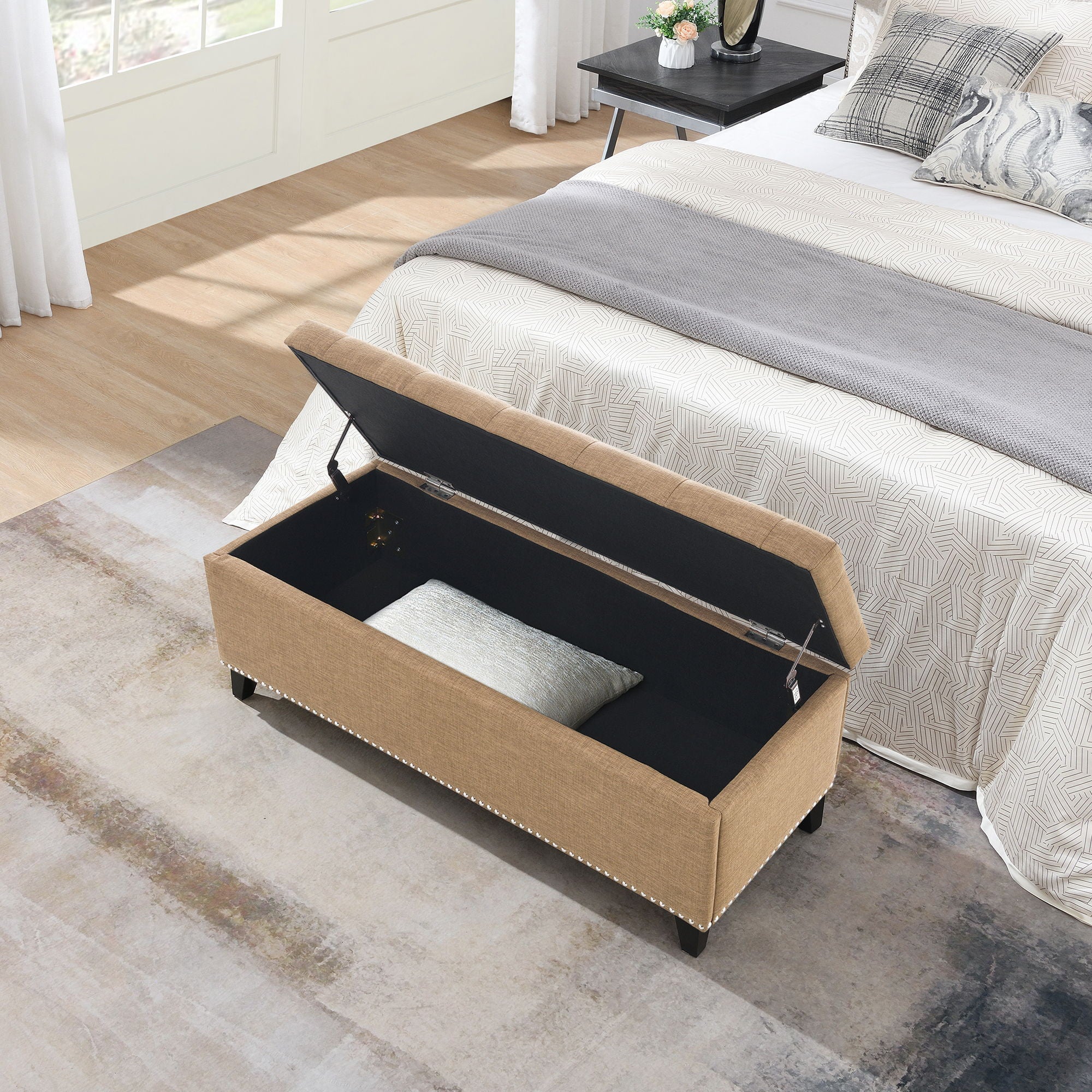 Button Tufted Storage Ottoman, Living Room Bench With Safety Close Hinge - Brown