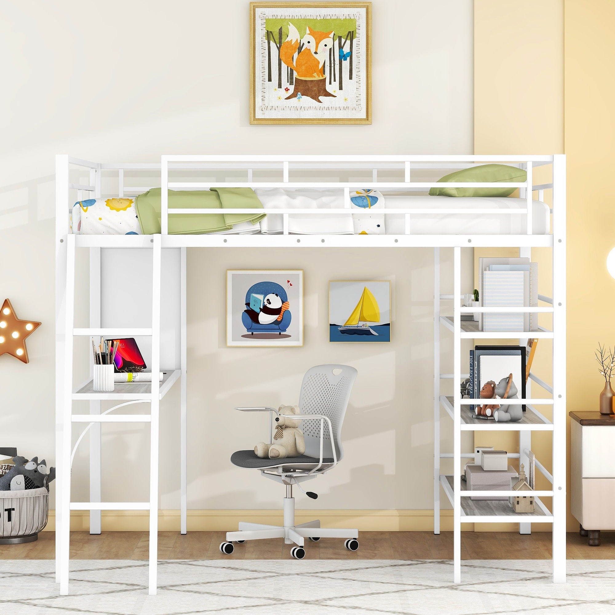 Bed With 3 Layers Of Shelves And Desk, Stylish Frame Bed