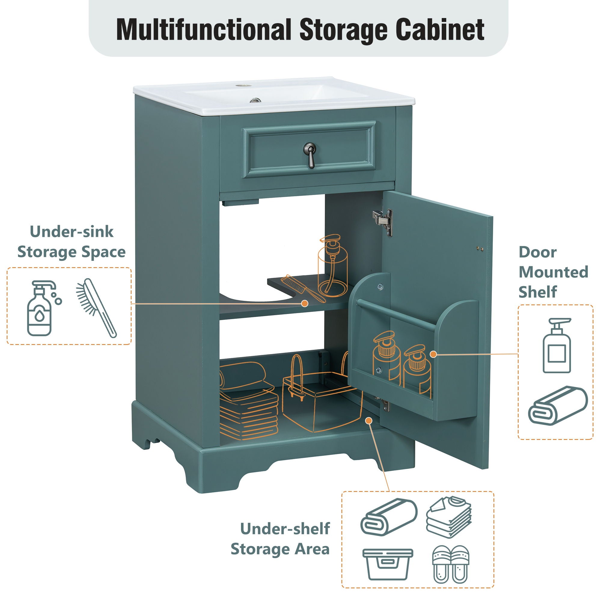Elegant Bathroom Vanity With Ceramic Sink, Soft Close Door, Adjustable Shelf