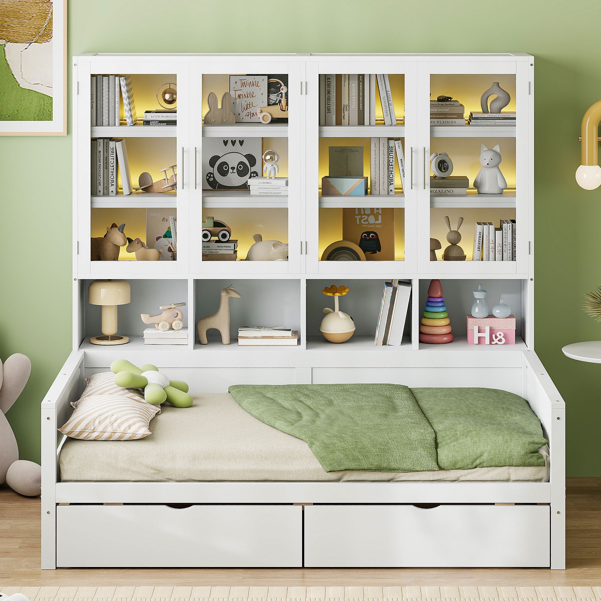 Daybed With Glass Door Storage Cabinets, Built In LED Lighting And Shelves