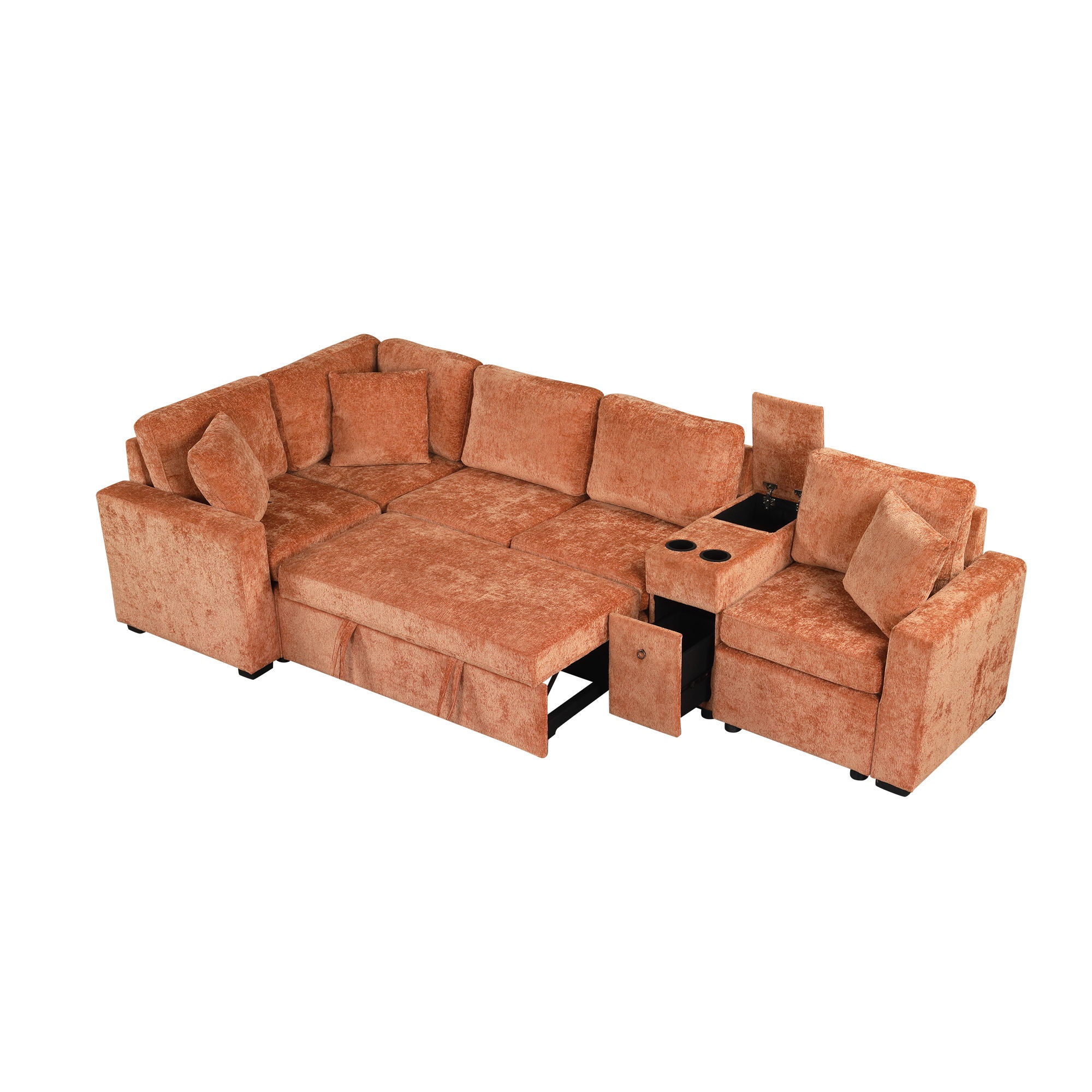 Modular L-Shaped Sectional Sofa Bed With Pull-Out Sleeper, Cup Holders, And Storage